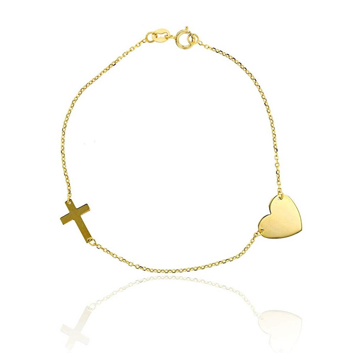 10K Yellow Gold DC Polished Heart Charm and Sideways Cross 7" Bracelet