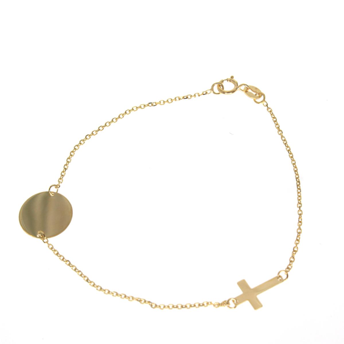 10K Yellow Gold DC Polished Circle Charm and Sideways Cross 7" Bracelet