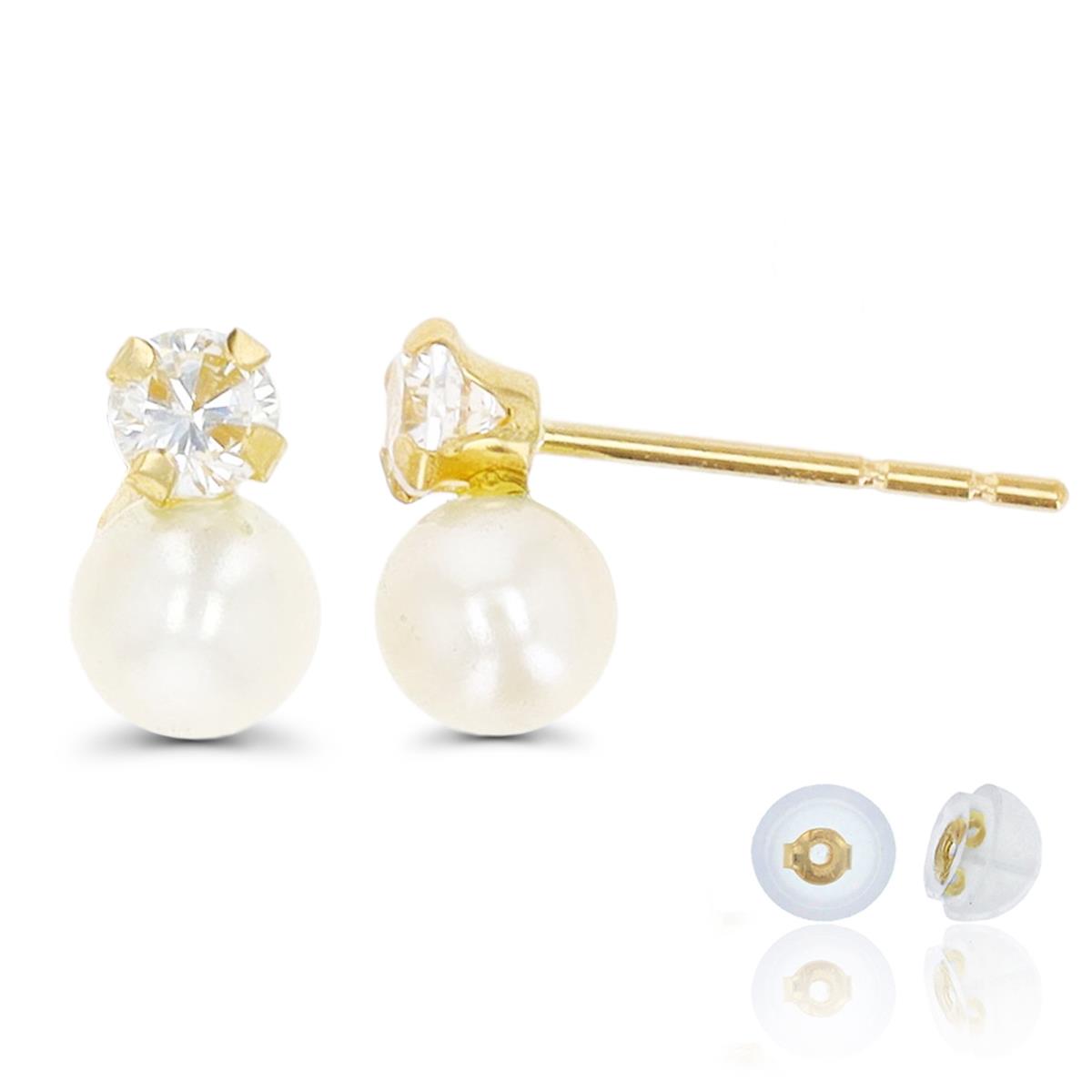 14K Yellow Gold White CZ & Pearl Stud Earring with Silicone Back