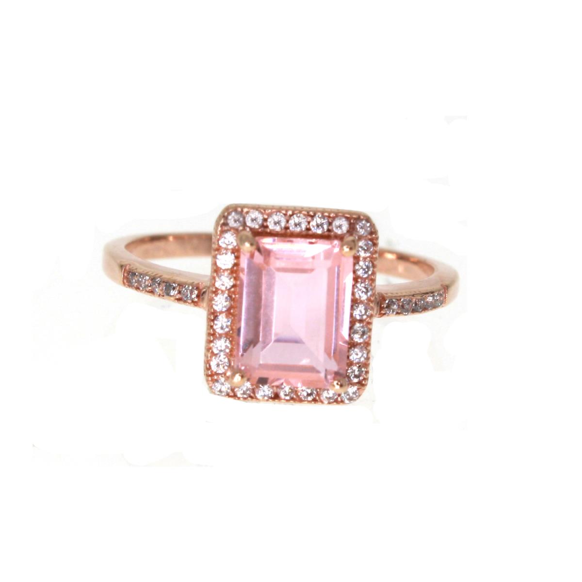 Sterling Silver Rose 8x6mm Oct Pink Diamond Simulant and CZ Eng Ring