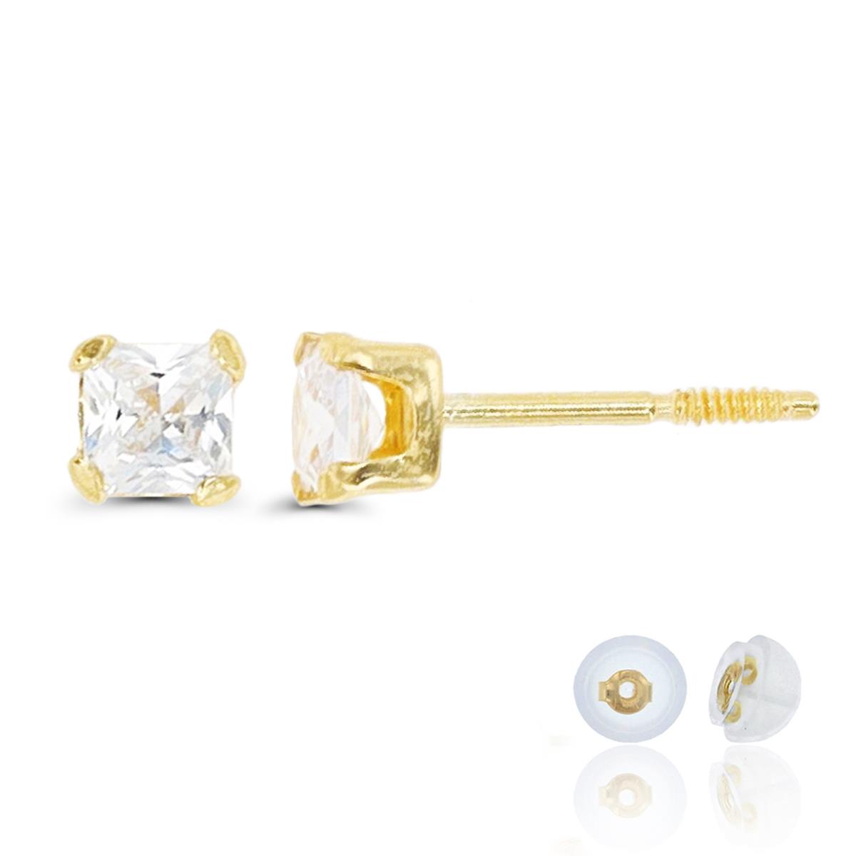 14K Yellow Gold 3mm Princess White CZ Stud Earring with Silicone Back