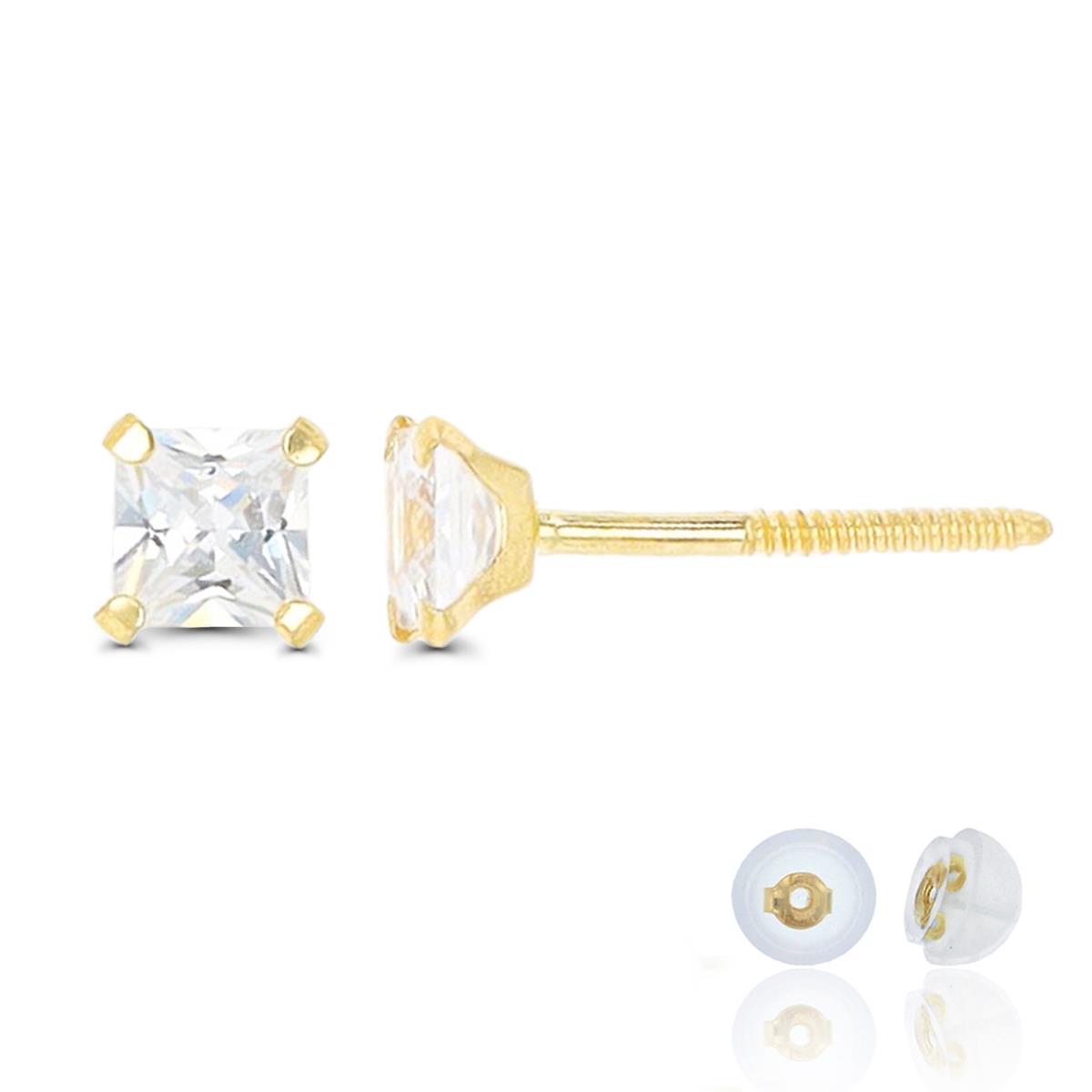 14K Yellow Gold 3mm Square White CZ Solitaire Stud Earring with Silicone Back
