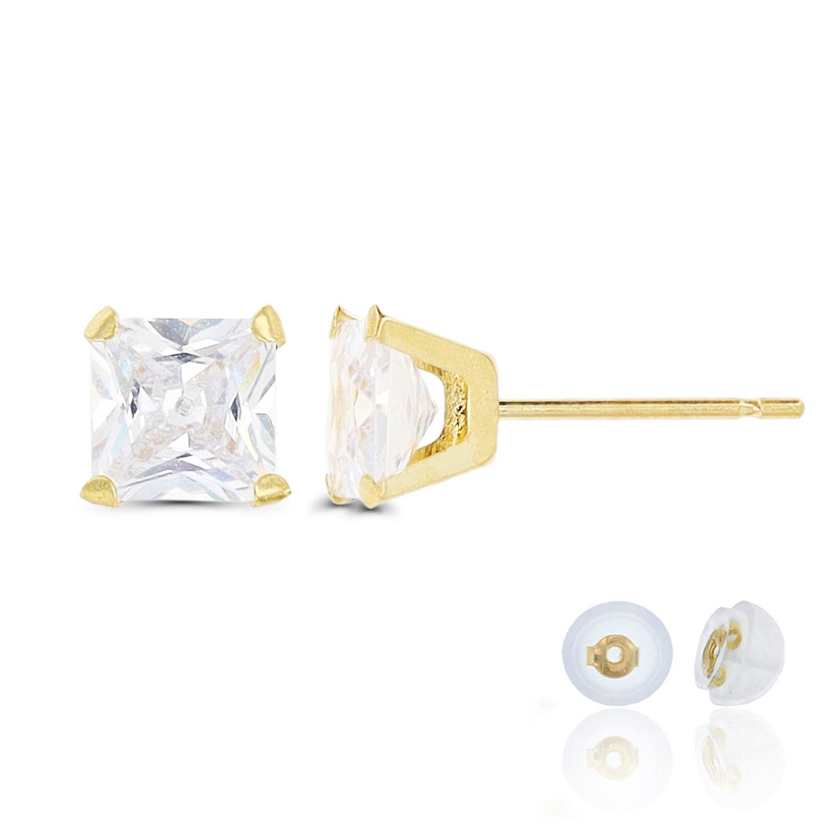 14K Yellow Gold 5mm Square White CZ Stud Earring Silicone Back