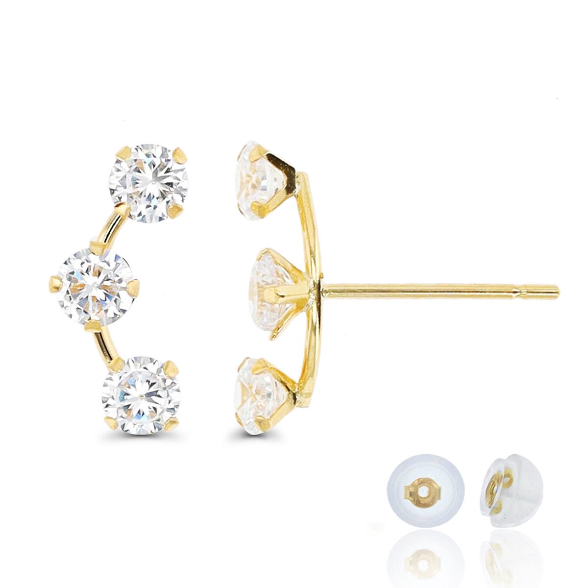 14K Yellow Gold Triple White CZ Curve Stud Earring with Silicone Back