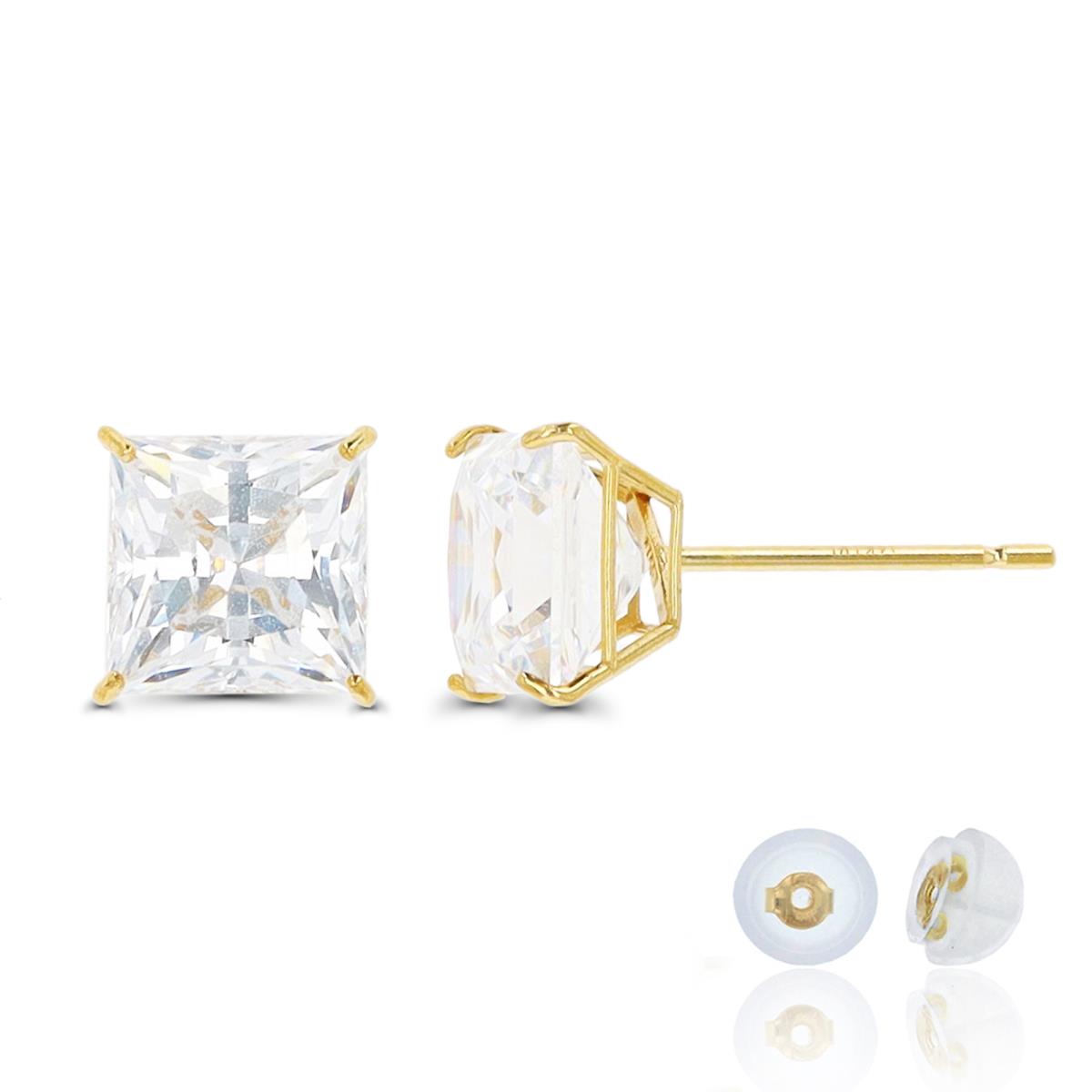 14K Yellow Gold 6mm Square White CZ Stud Earring Silicone Back
