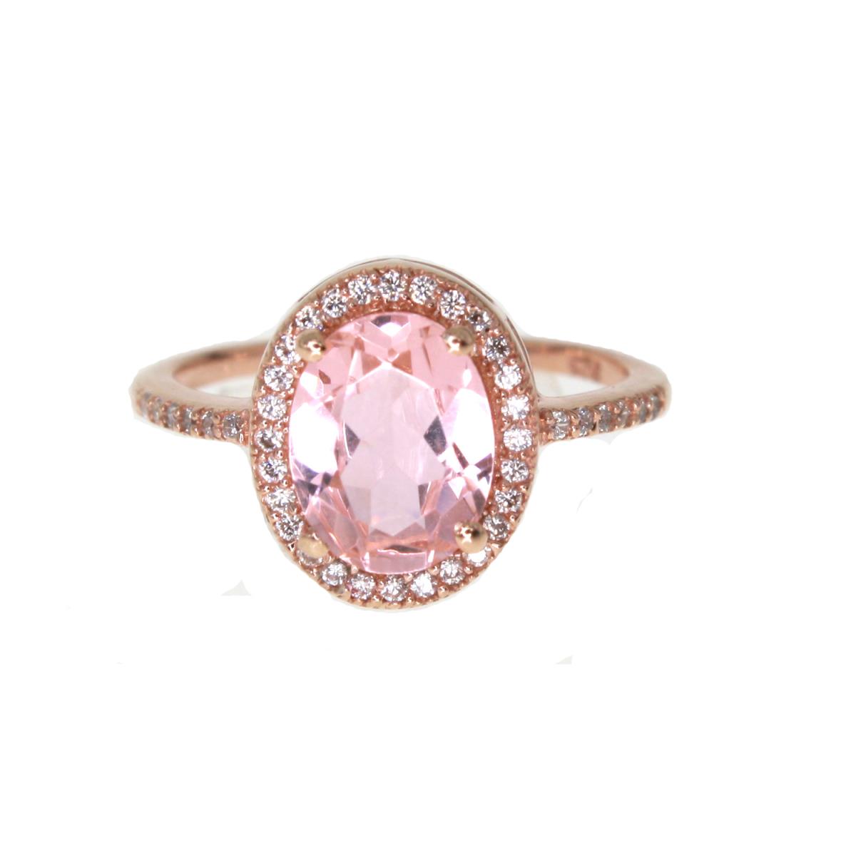 Sterling Silver Rose 9x7mm Ovl Pink Diamond Simulant and CZ Classic Eng Ring