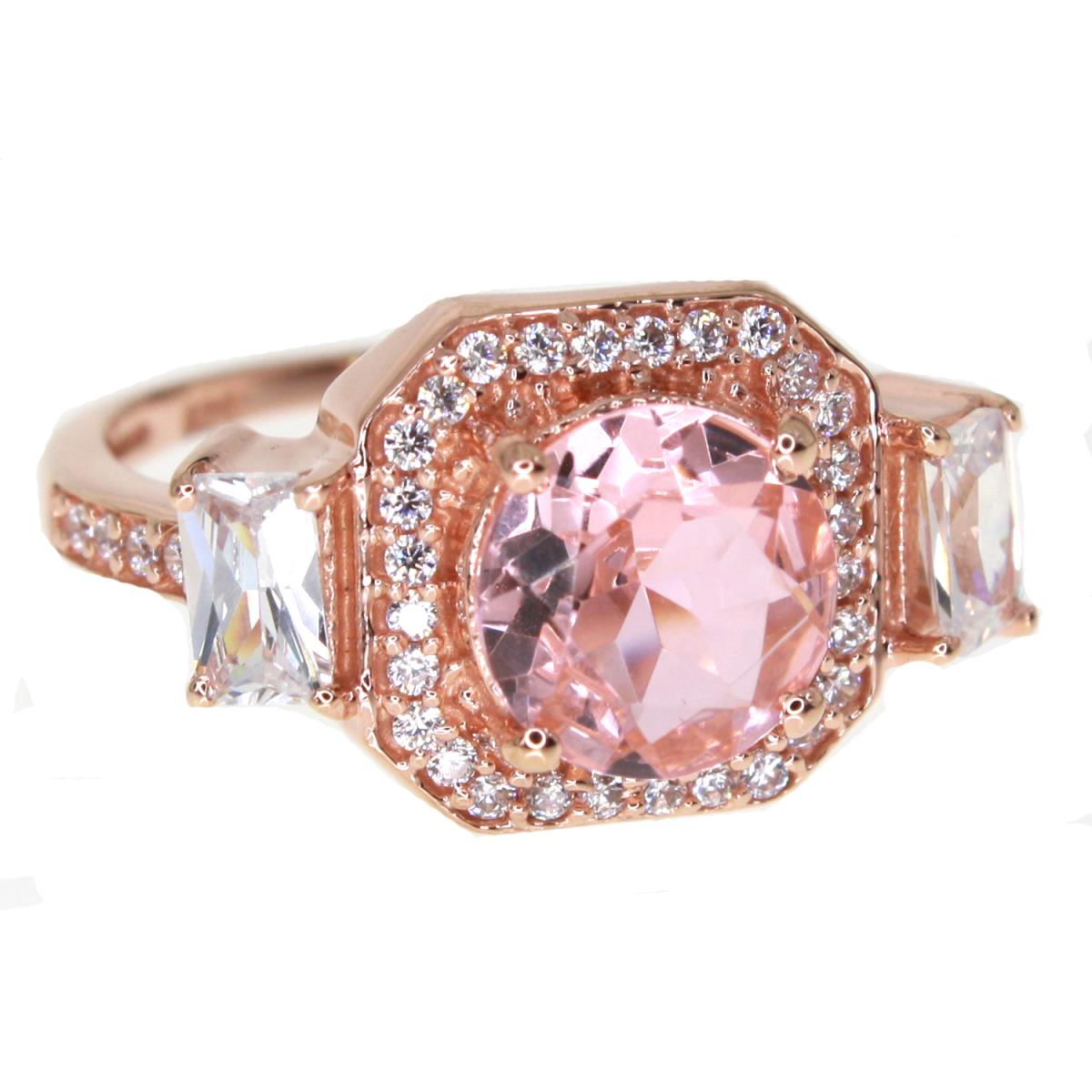 Sterling Silver Rose 8.00mm Rd Pink Diamond Simulant and CZ Eng Ring