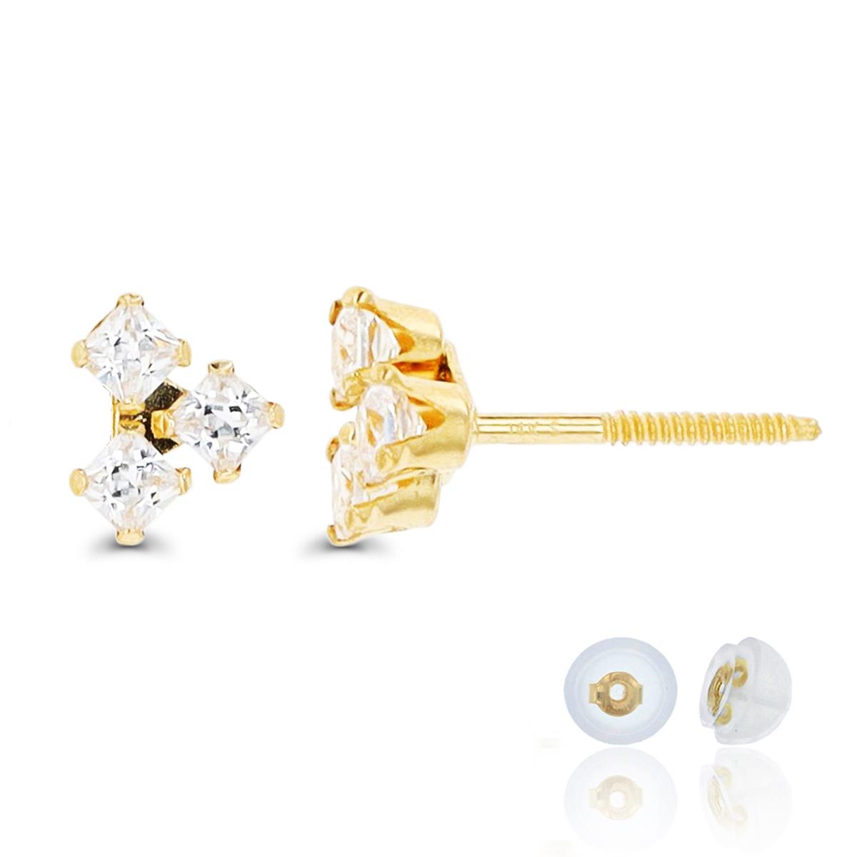 14K Yellow Gold Square White CZ Triangle Stud Earring with Silicone Back