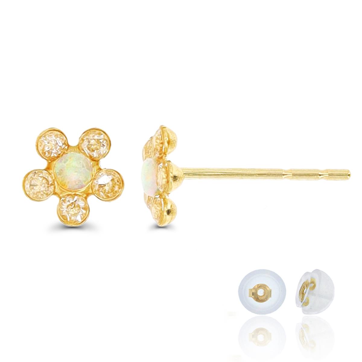 14K Yellow Gold Flower CZ & RD Created Opal Stud Earring with Silicone Back