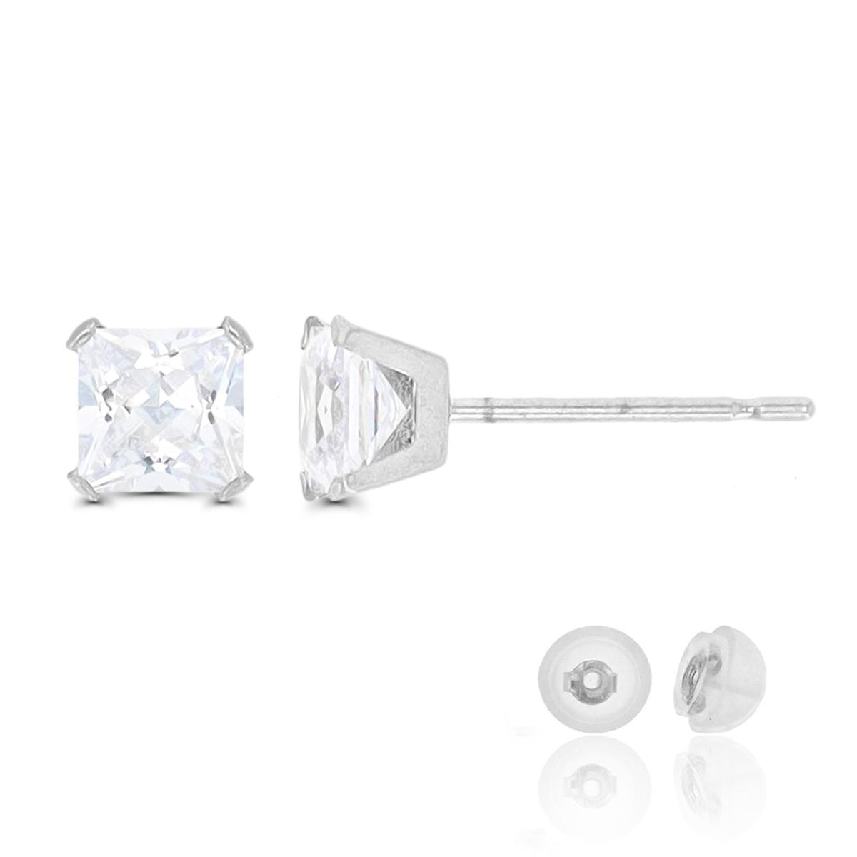 14K White Gold 4x4mm Square Solitaire Stud Earring with Silicone Back