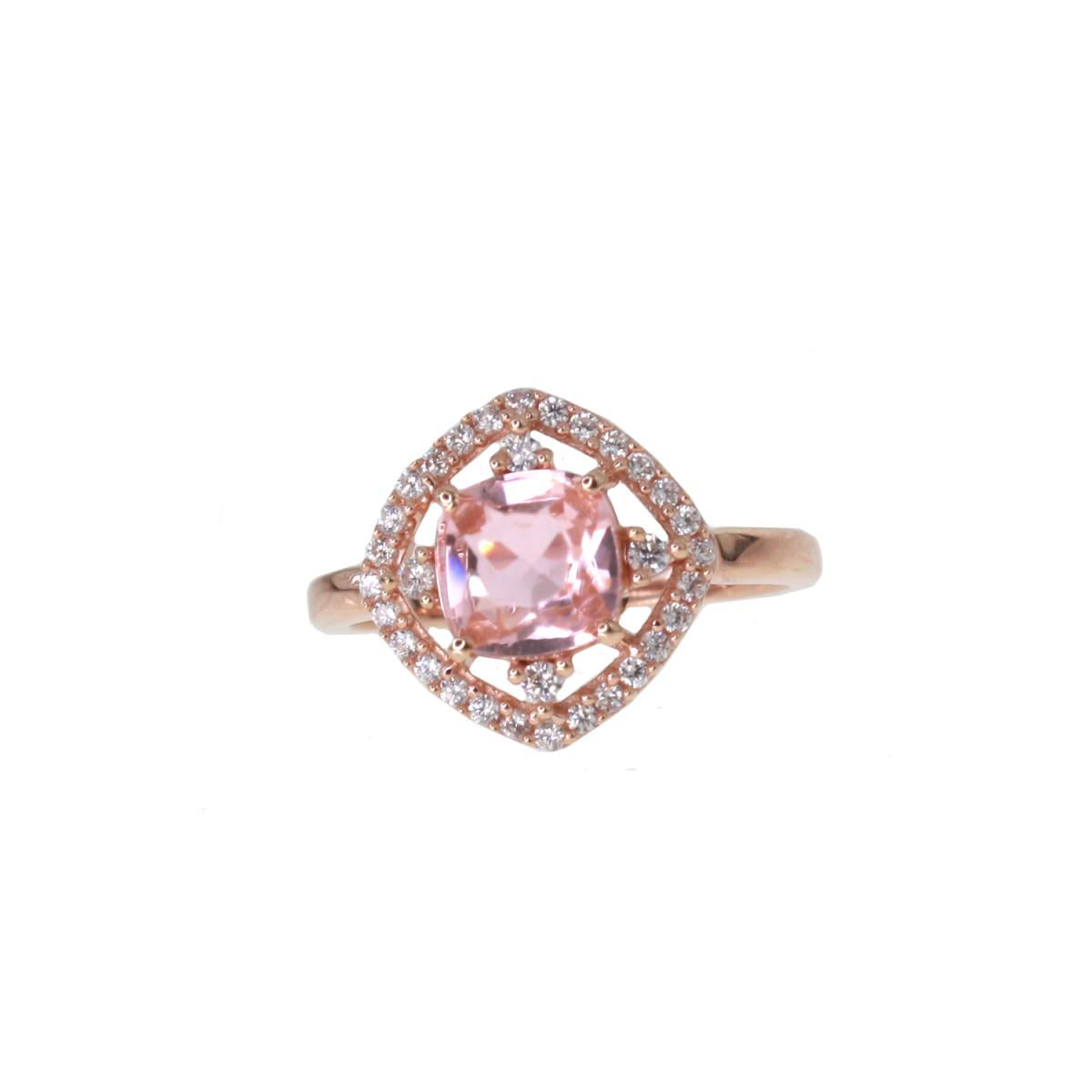 Sterling Silver Rose 7mm Cushion Pink Diamond Simulant and CZ Sq Frame Eng Ring