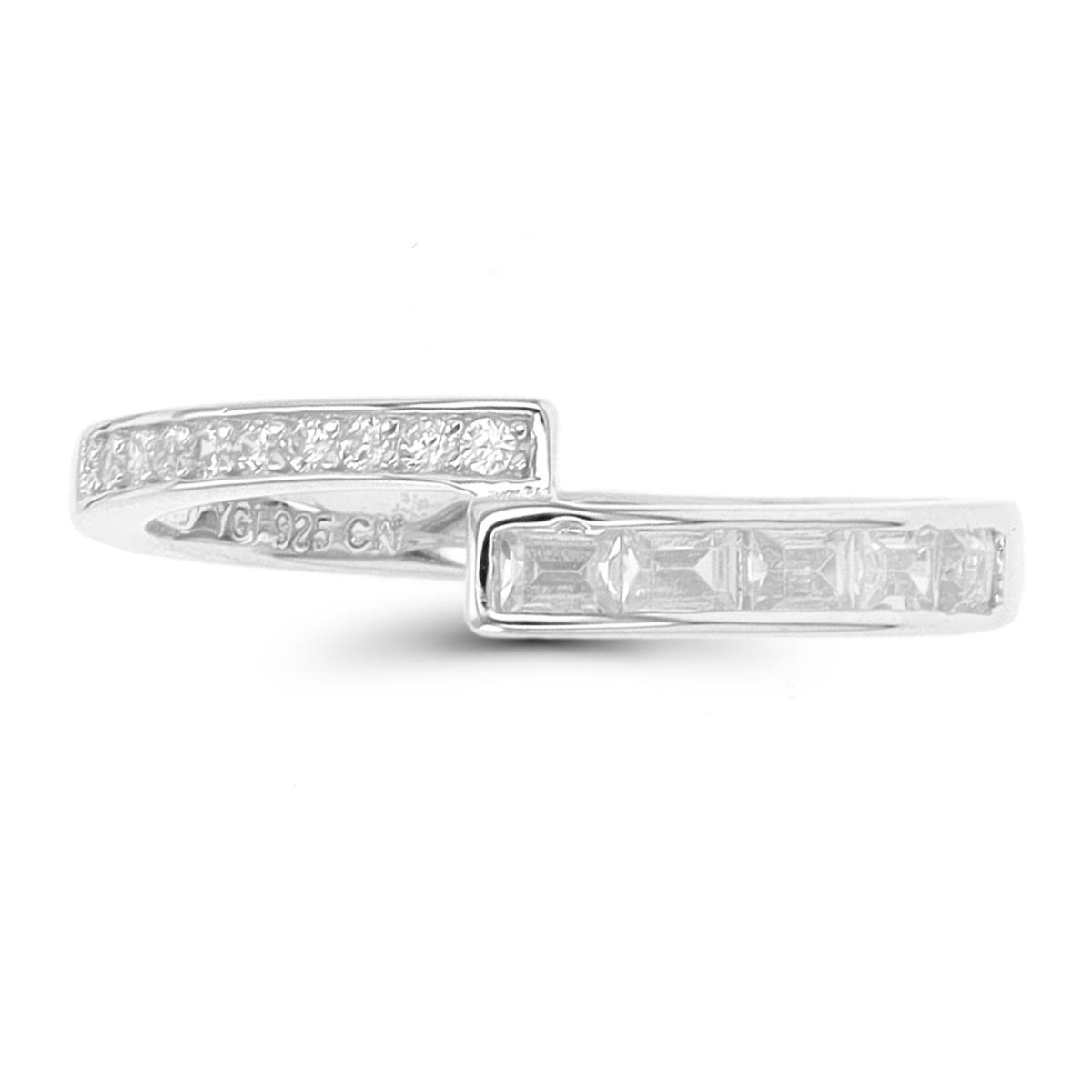 Sterling Silver Rhodium Straight Baguette White CZ Overlapped Fashion Ring