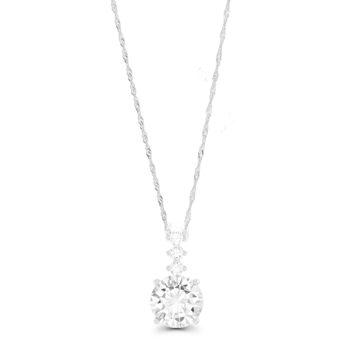 Sterling Silver Rhodium 9mm Rd CZ Drop 18"+2" Singapore Necklace