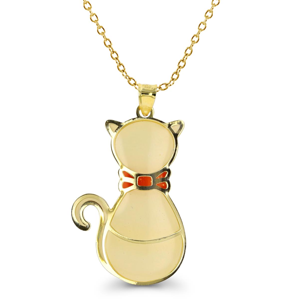 10K Yellow Gold Enamel 36X20mm Polished Cat 18" Necklace