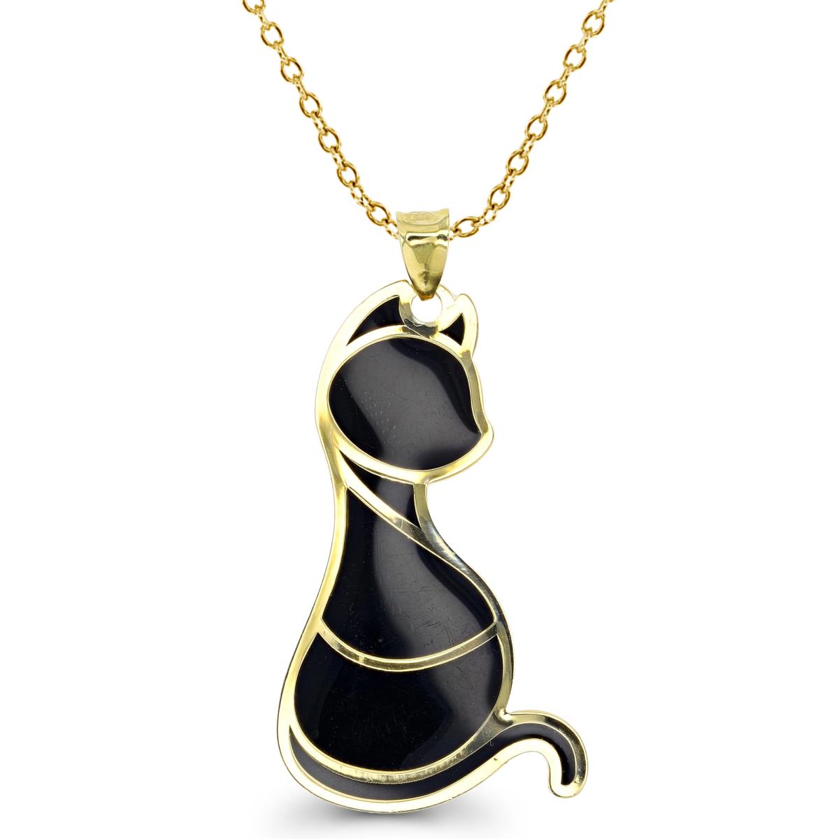 10K Yellow Gold 37X13mm Enamel Polished Cat  18" Necklace