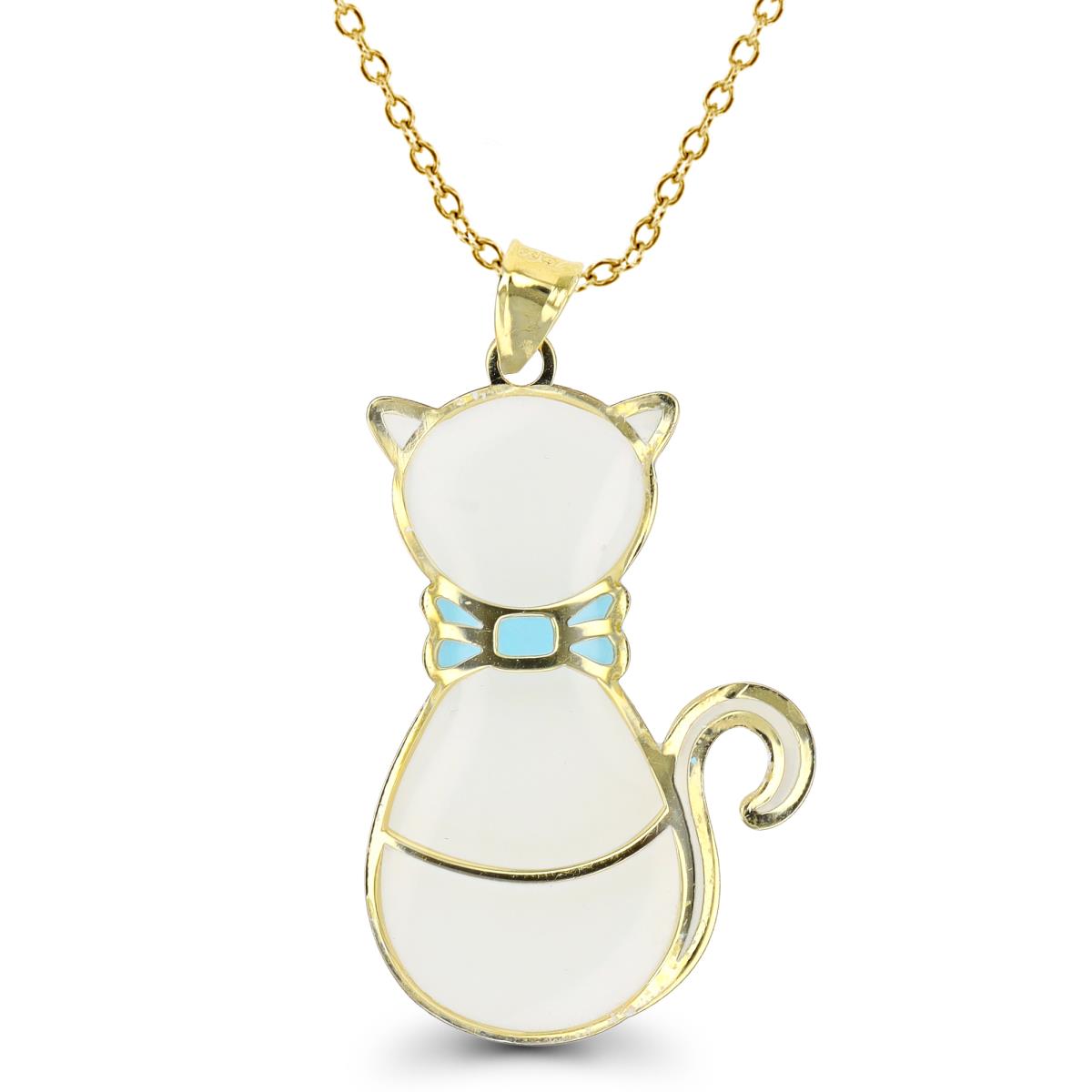10K Yellow Gold  37X22mm Polished Enamel Cat 18" Necklace