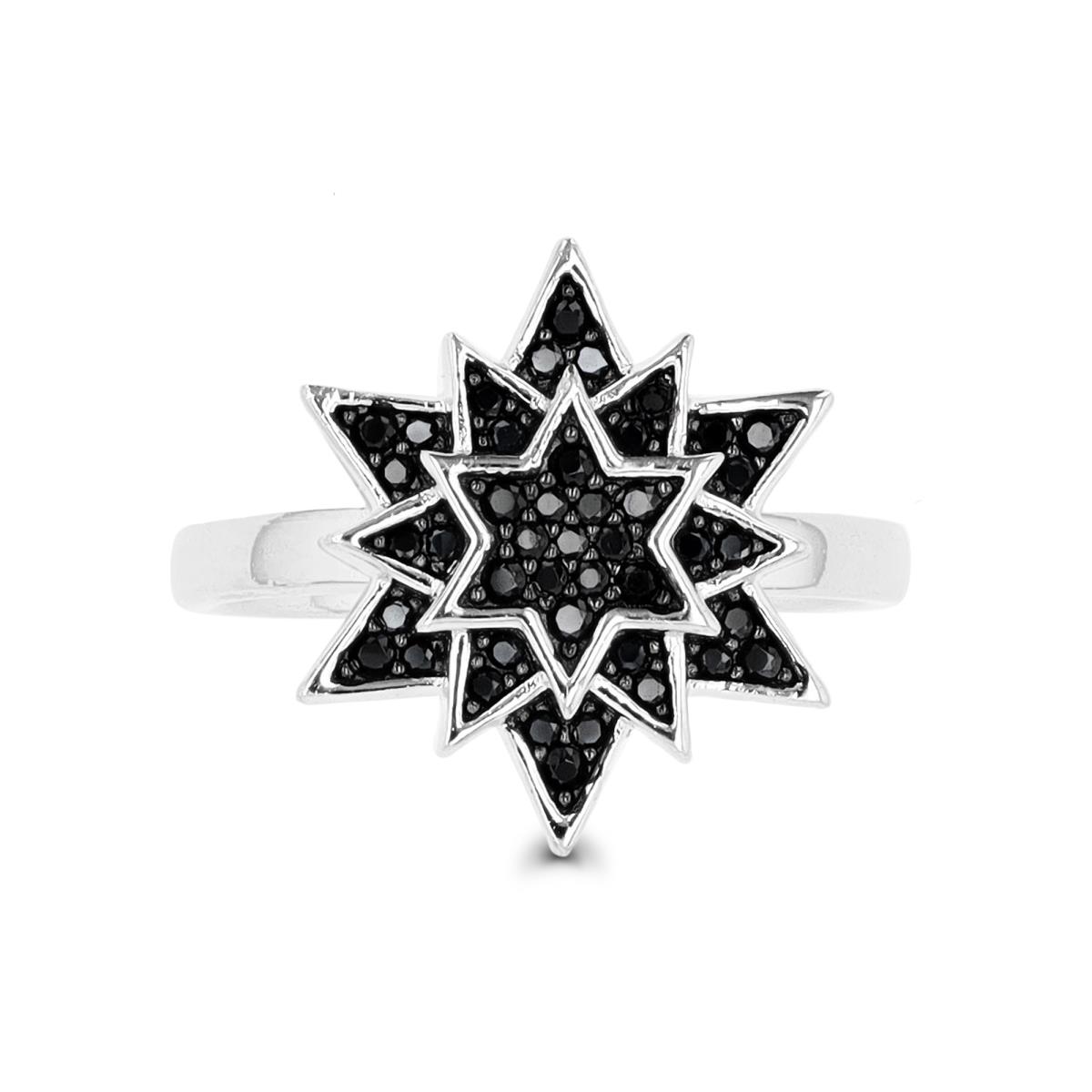 Sterling Silver Rhodium & Black Overlay Stars Black Spinel Fashion Ring