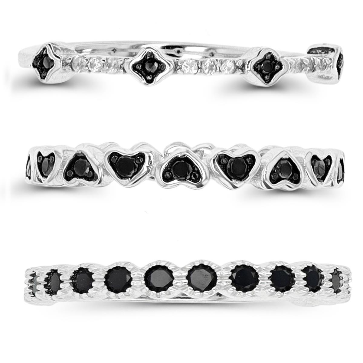 Sterling Silver Rhodium & Black Clovers, Heart, Anniversary Black Spinel Ring Set of 3
