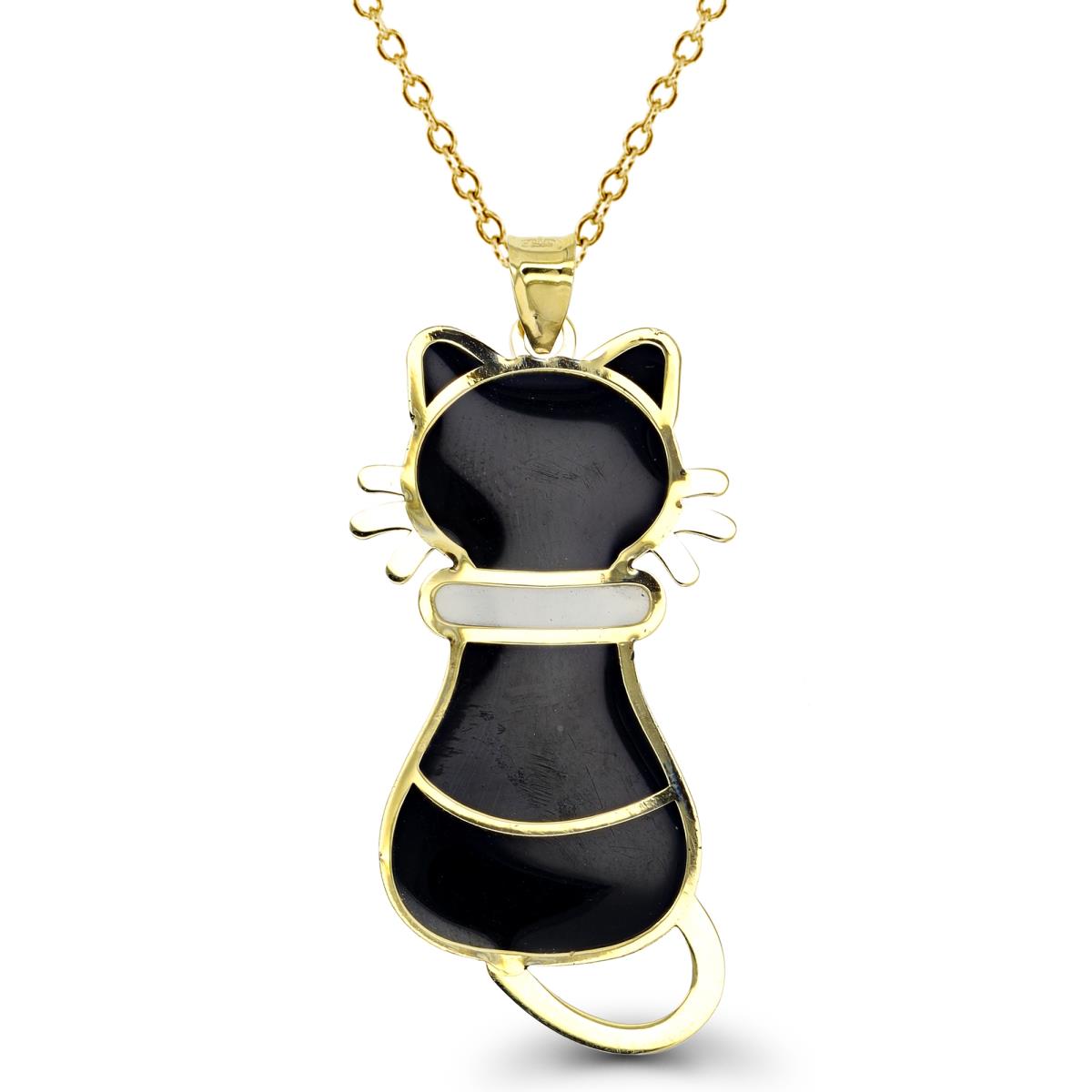 14K Yellow Gold  40X20mm Enamel Polished Cat 18" Necklace