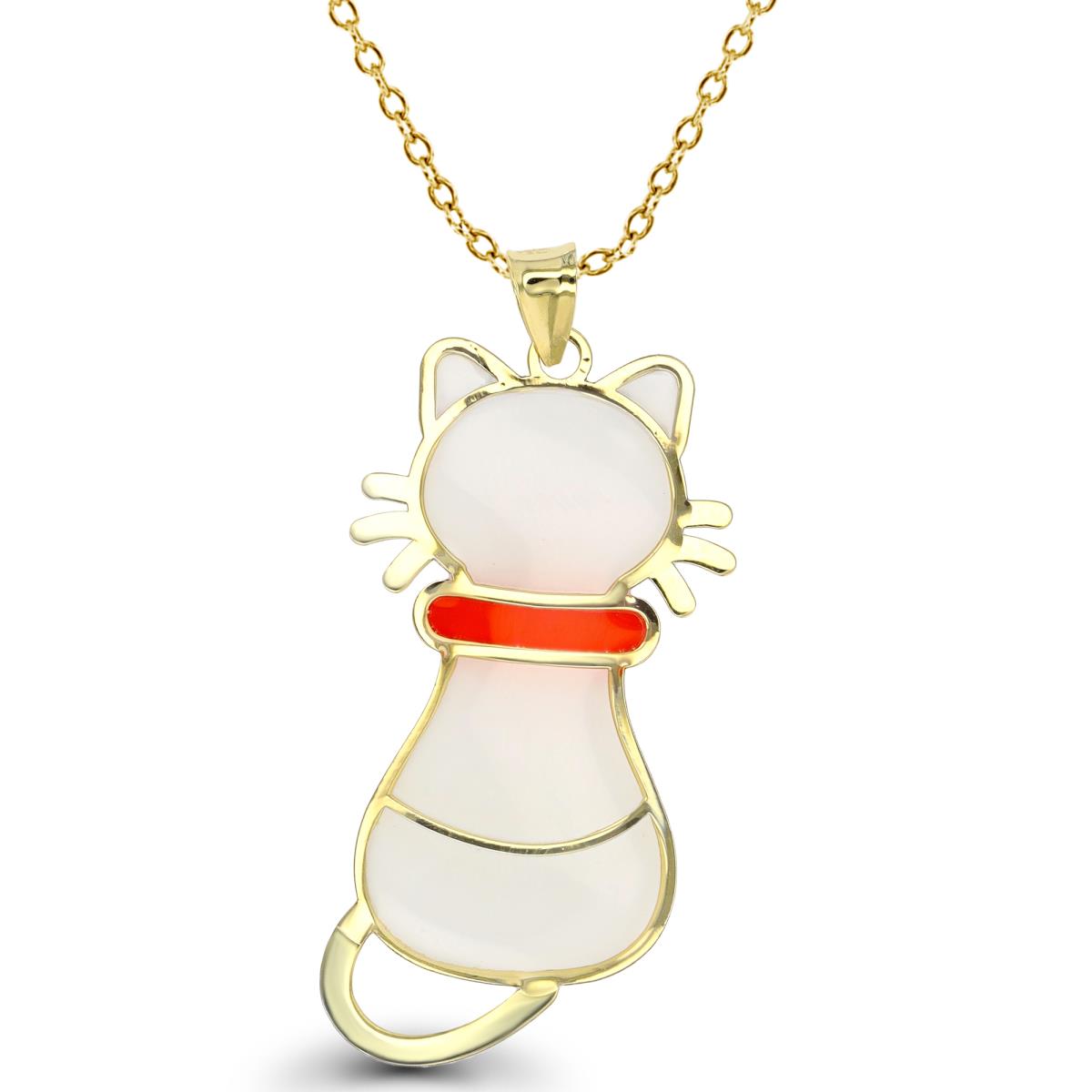 14K Yellow Gold  40X20mm Enamel Polished Cat 18" Necklace