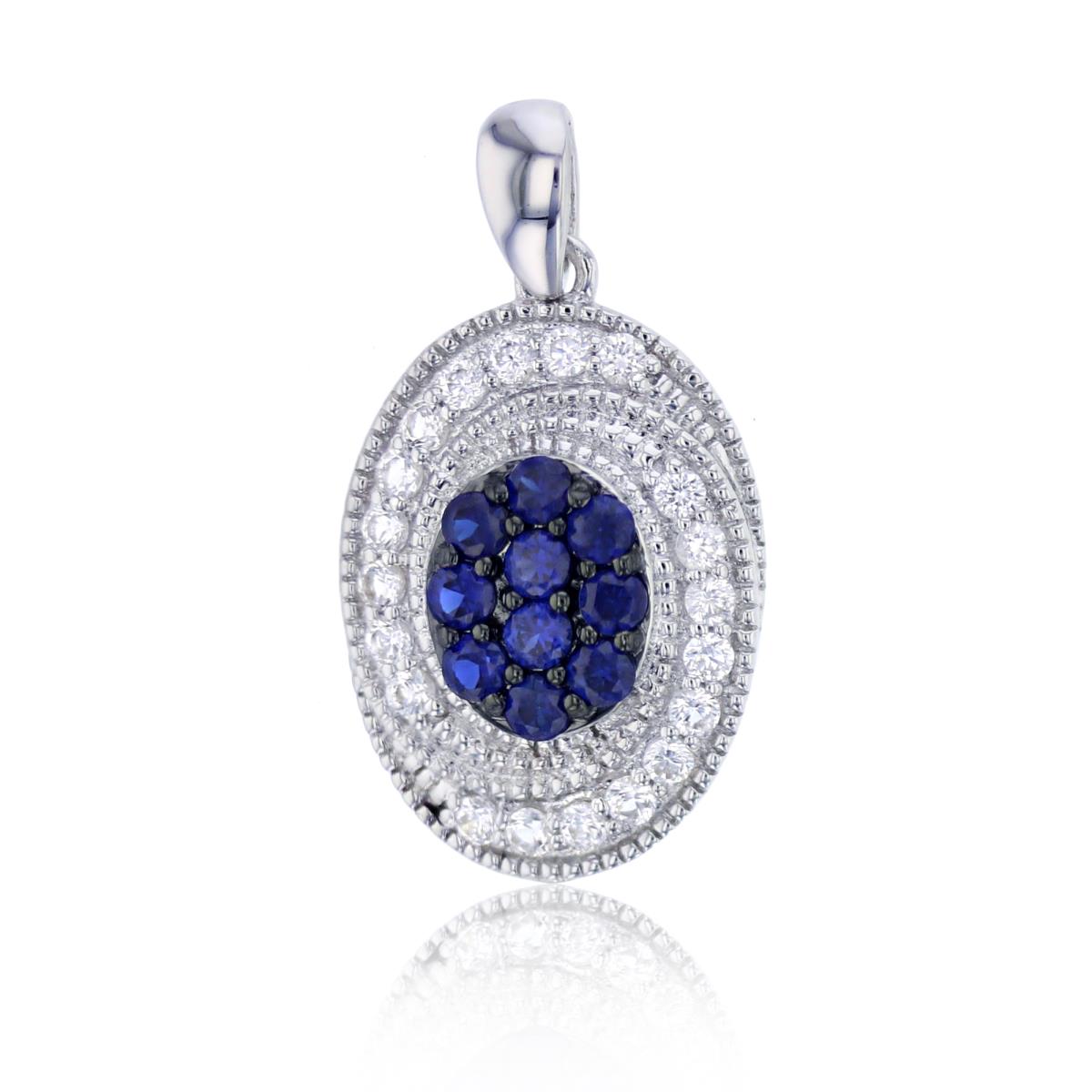 Sterling Silver Rhodium Rnd Created Blue and White Sapphire Cluster Textured Oval 18" Necklace