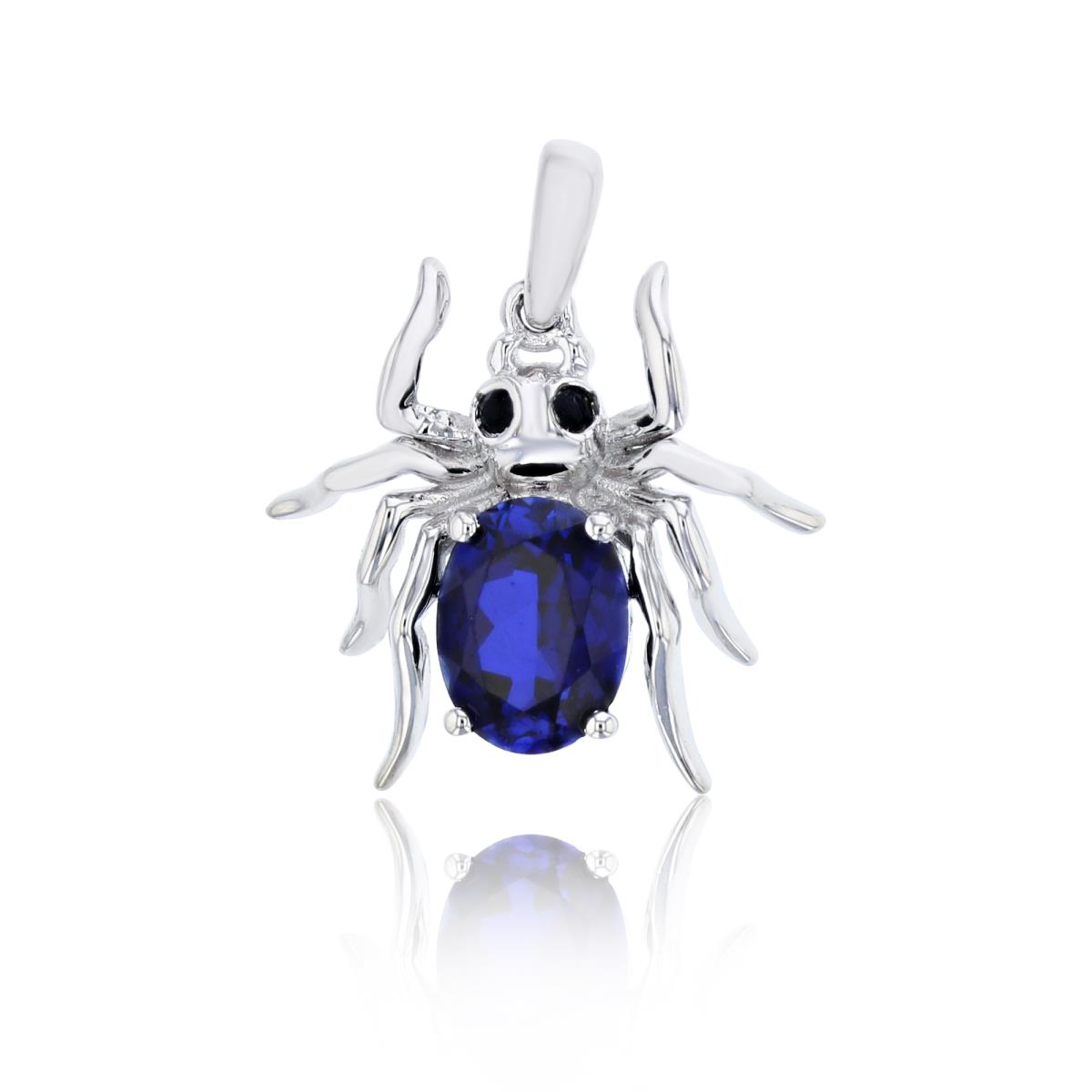 Sterling Silver Rhodium 8x6mm Ov Created Sapphire & 1.5mm Rnd Onyx Spider 18" Necklace