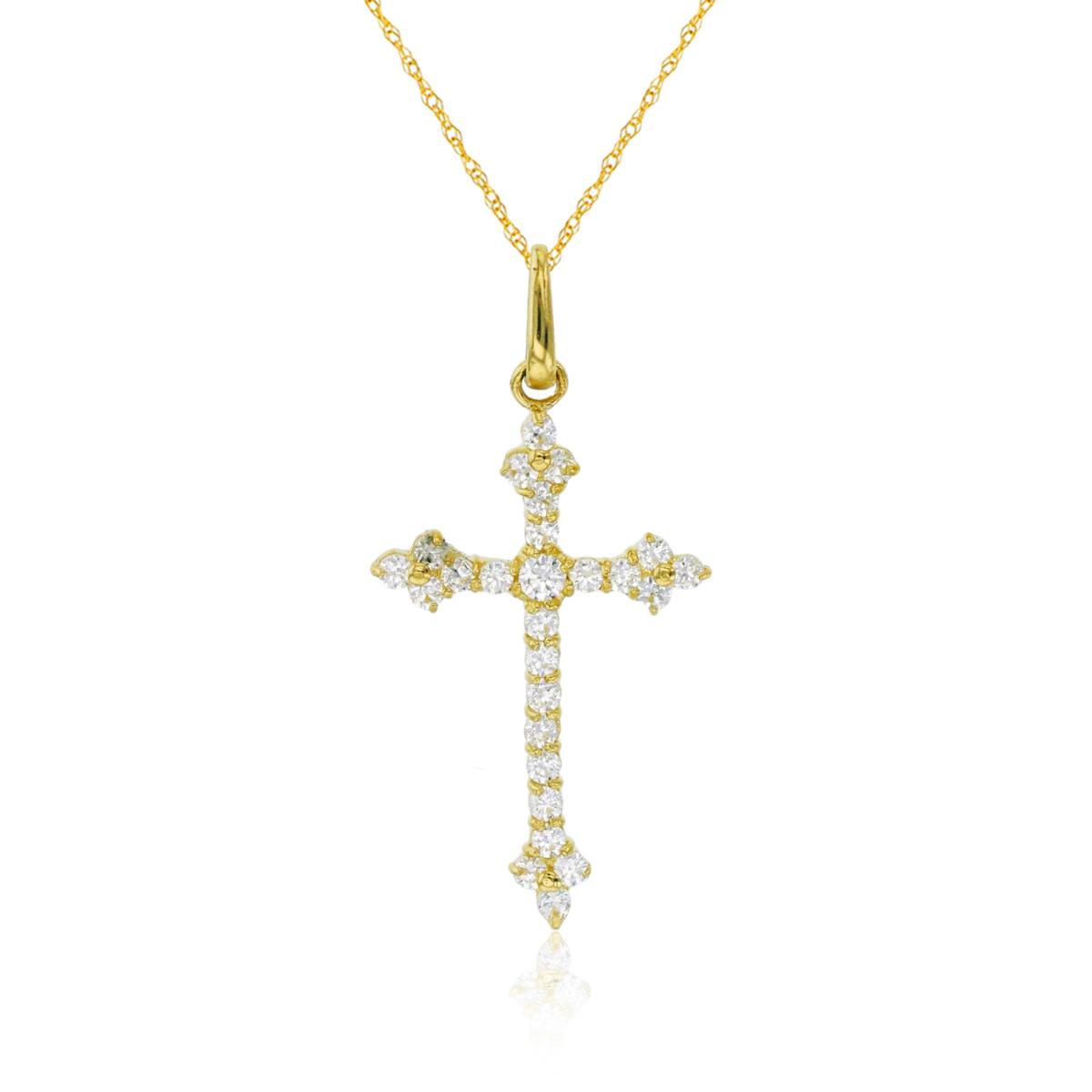 14K Yellow Gold 25x13mm Pave Round Cut Cross 16+2" Cable Necklace