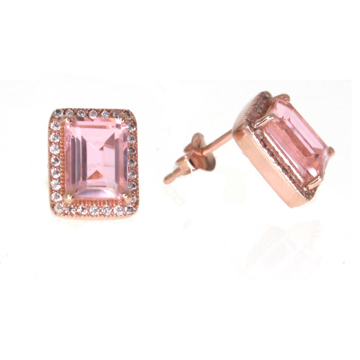 Sterling Silver Rose 8x6mm Oct Pink Diamond Simulant and CZ Stud Earring