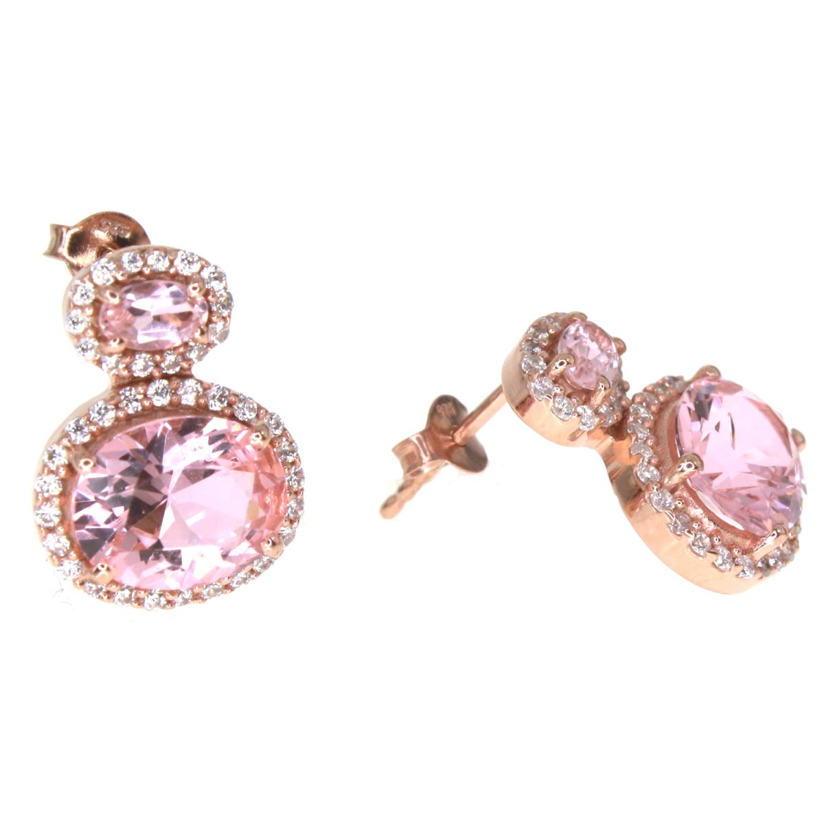 Sterling Silver Rose Double Ovl Pink Diamond Simulant and CZ Stud Earring