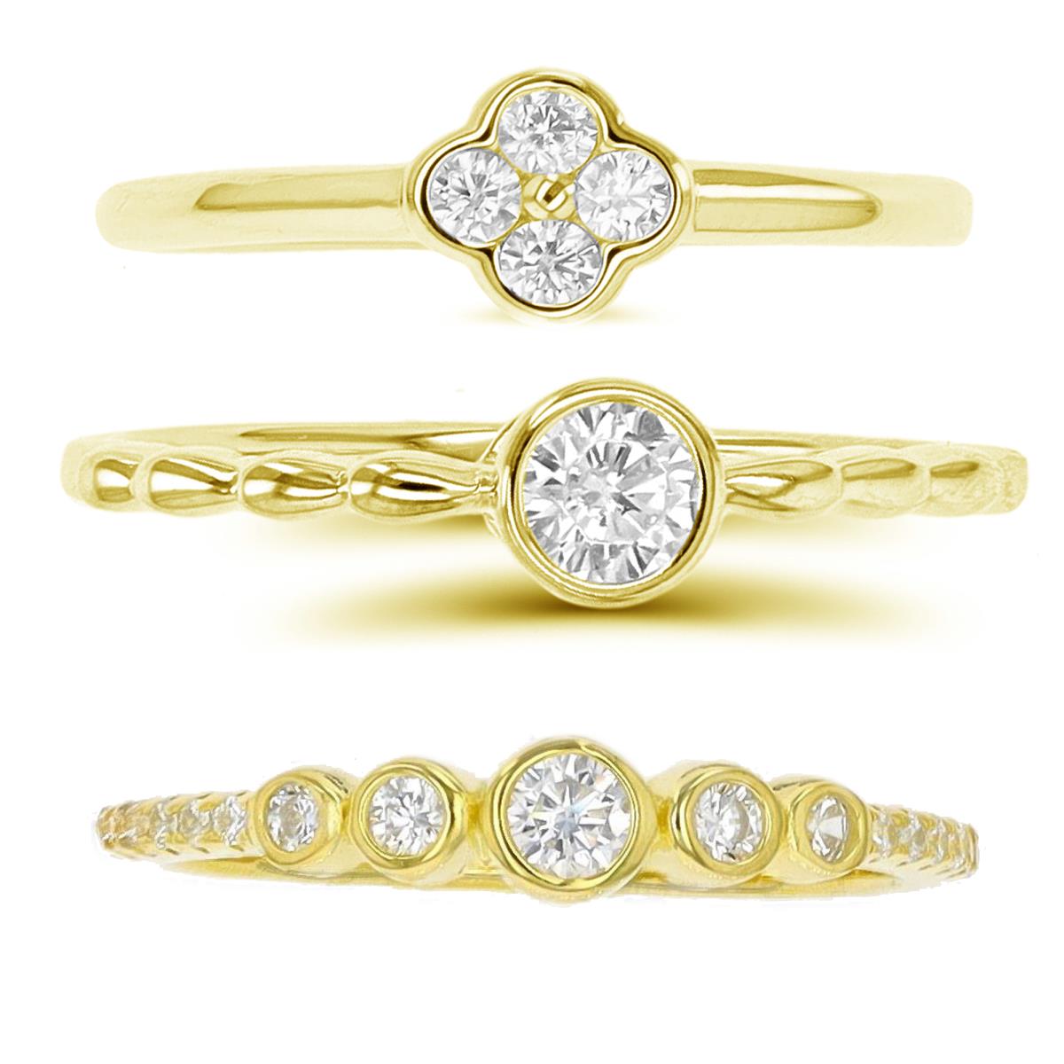 Sterling Silver Yellow 1 Micron 2.2mm Bezel, Cluster, 4mm Solitaire Bezel White CZ Rings Set