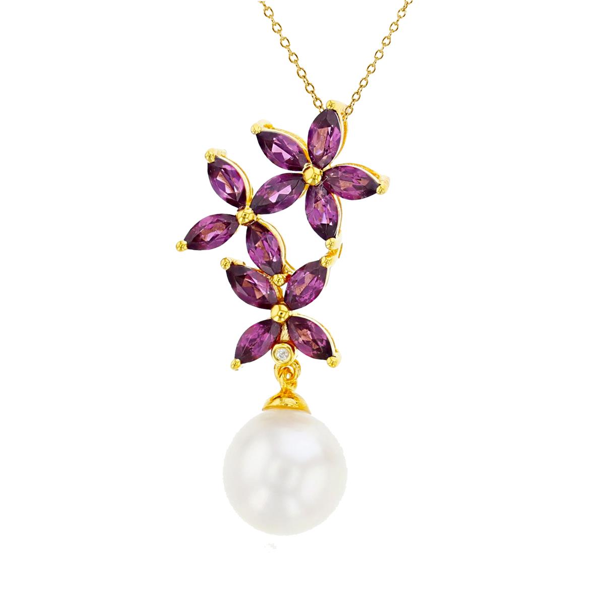 Sterling Silver Gold Over  Diamond Accent / 8mm RD Pearl & 4x2mm MQ Garnet Flower Dangling 18"Necklace