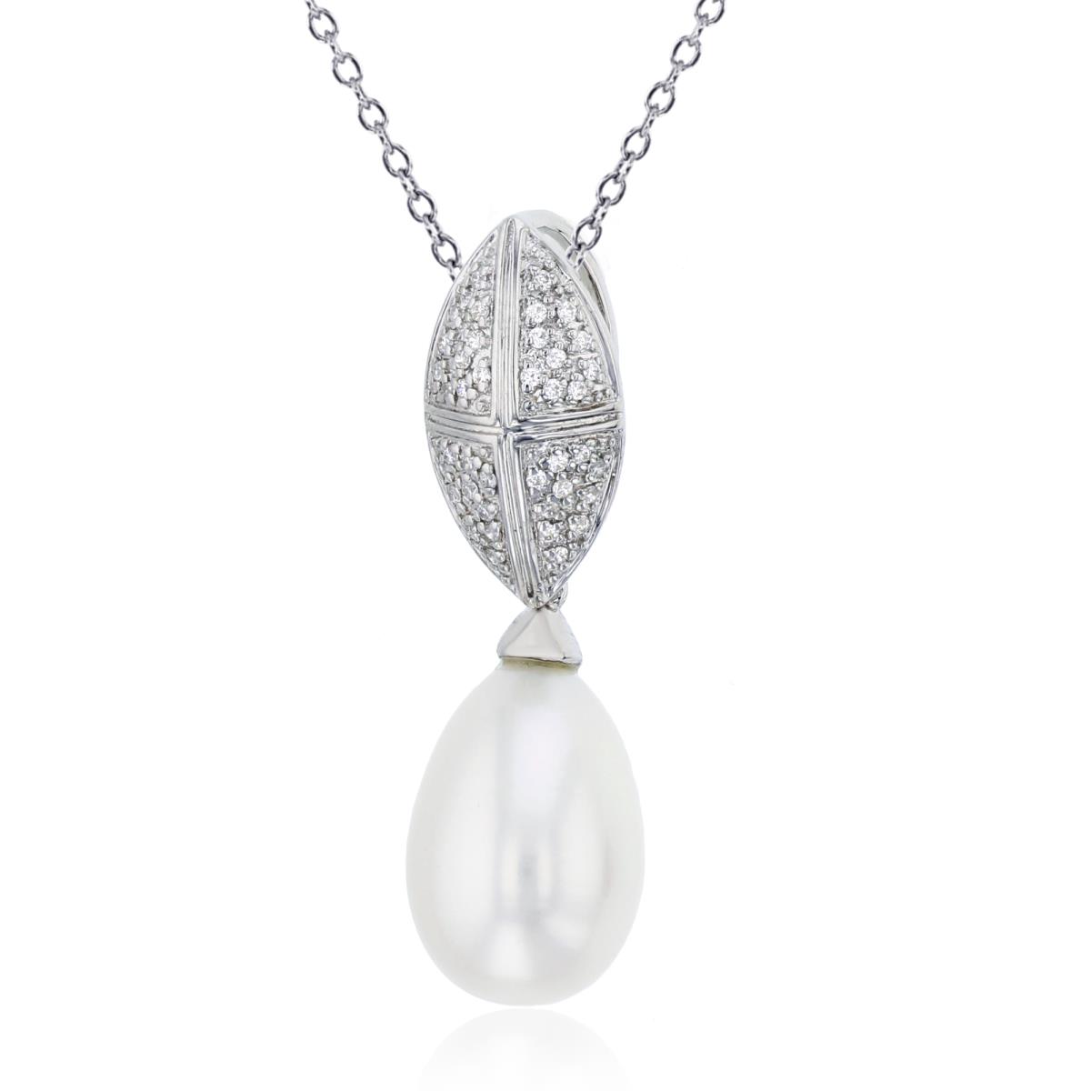 Sterling Silver Rhodium Rnd CZ & 13x9mm TD White Pearl on MQ-shape Top18"Necklace