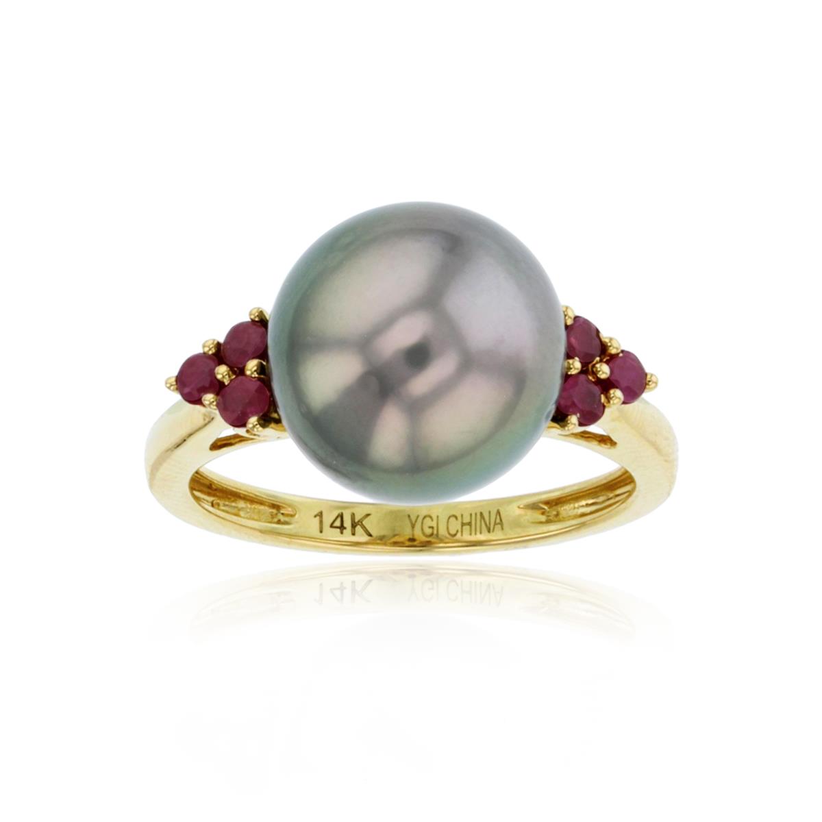 Sterling Silver Yellow 12mm Rnd White Pearl & Ruby on Side Ring
