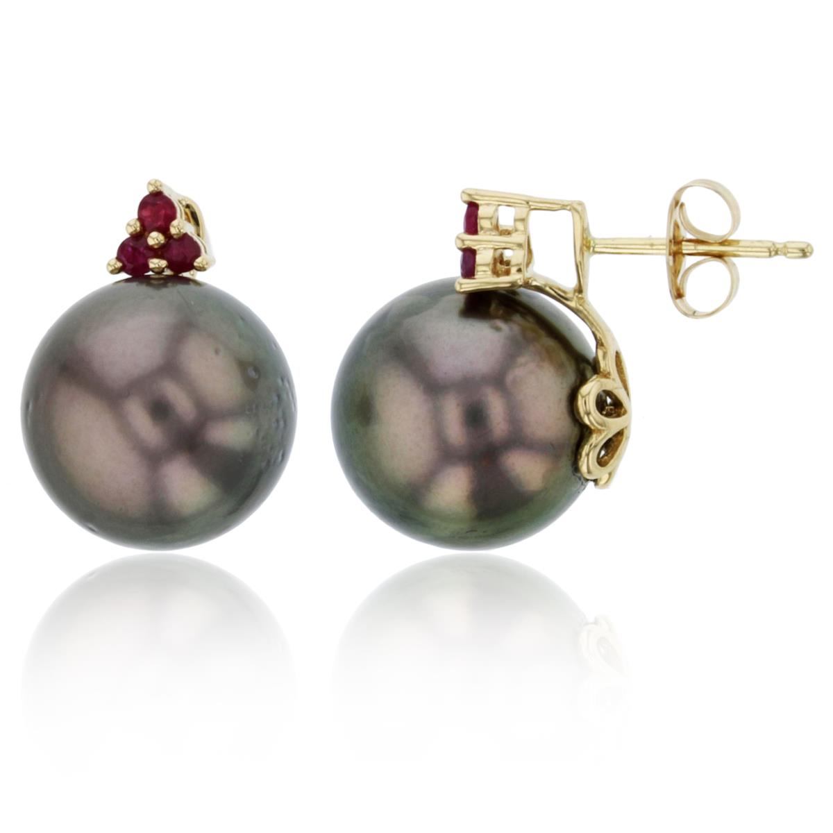 Sterling Silver Yellow 11mm Rnd White Pearl & Rnd Ruby Studs (Flower Backing)