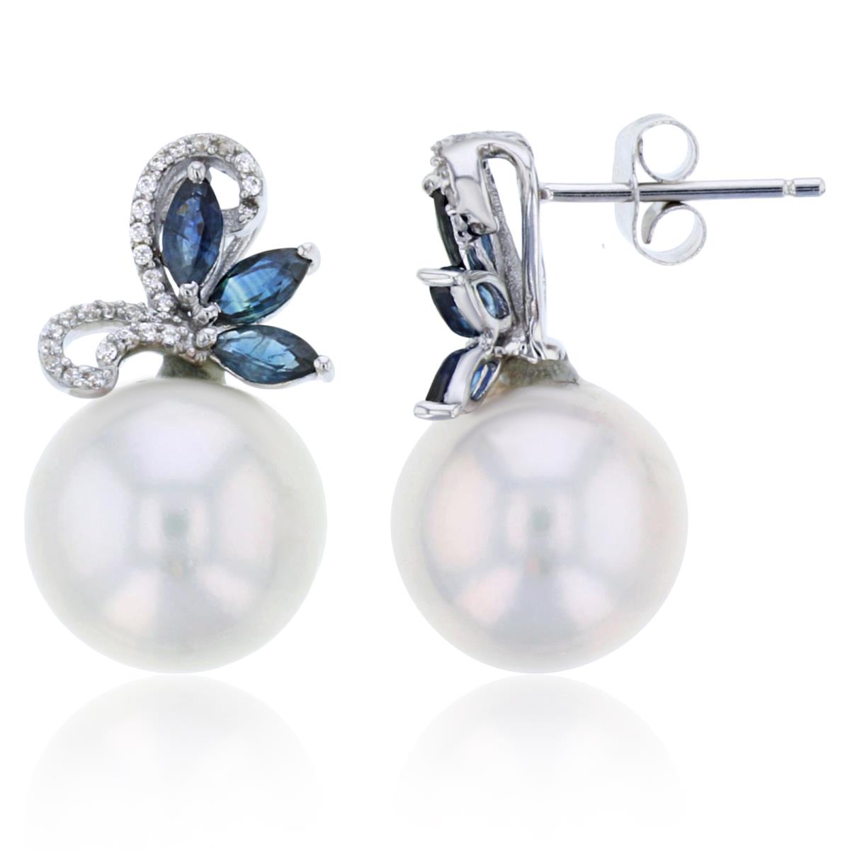 Sterling Silver Rhodium Rnd CZ & 11mm White Edison Pearl/MQ Sapphire Flower Earring