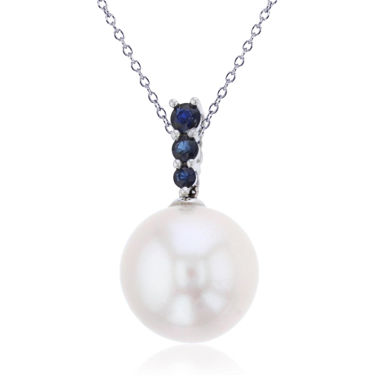 Sterling Silver Rhodium 11mm White Pearl & Sapphire Dangling 18"Necklace