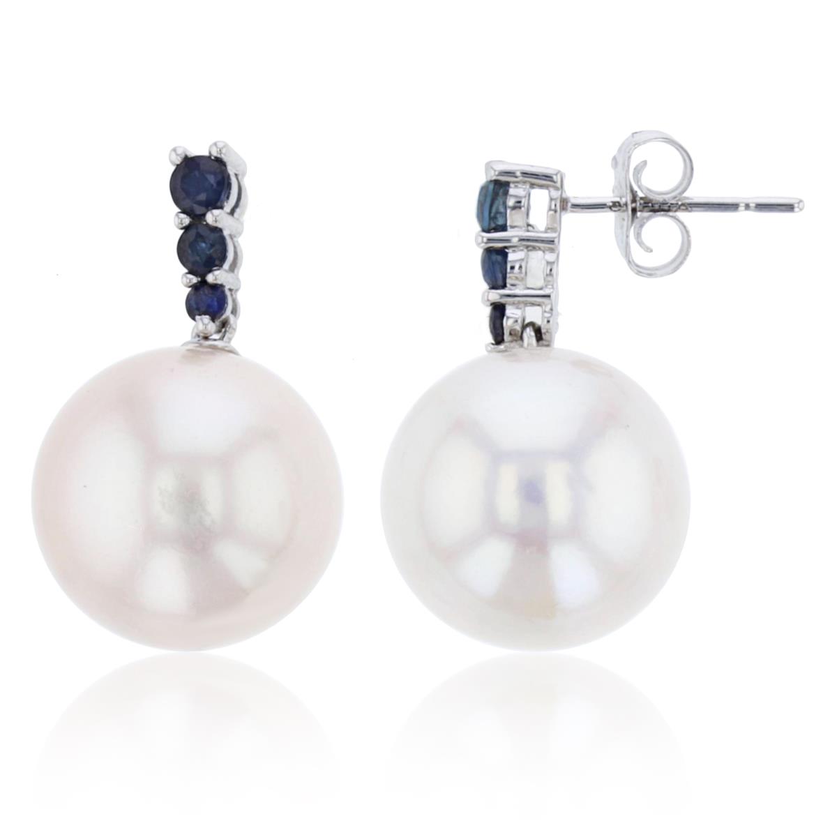 Sterling Silver Rhodium 11mm Rnd White Pearl & Sapphire Dangling Earring