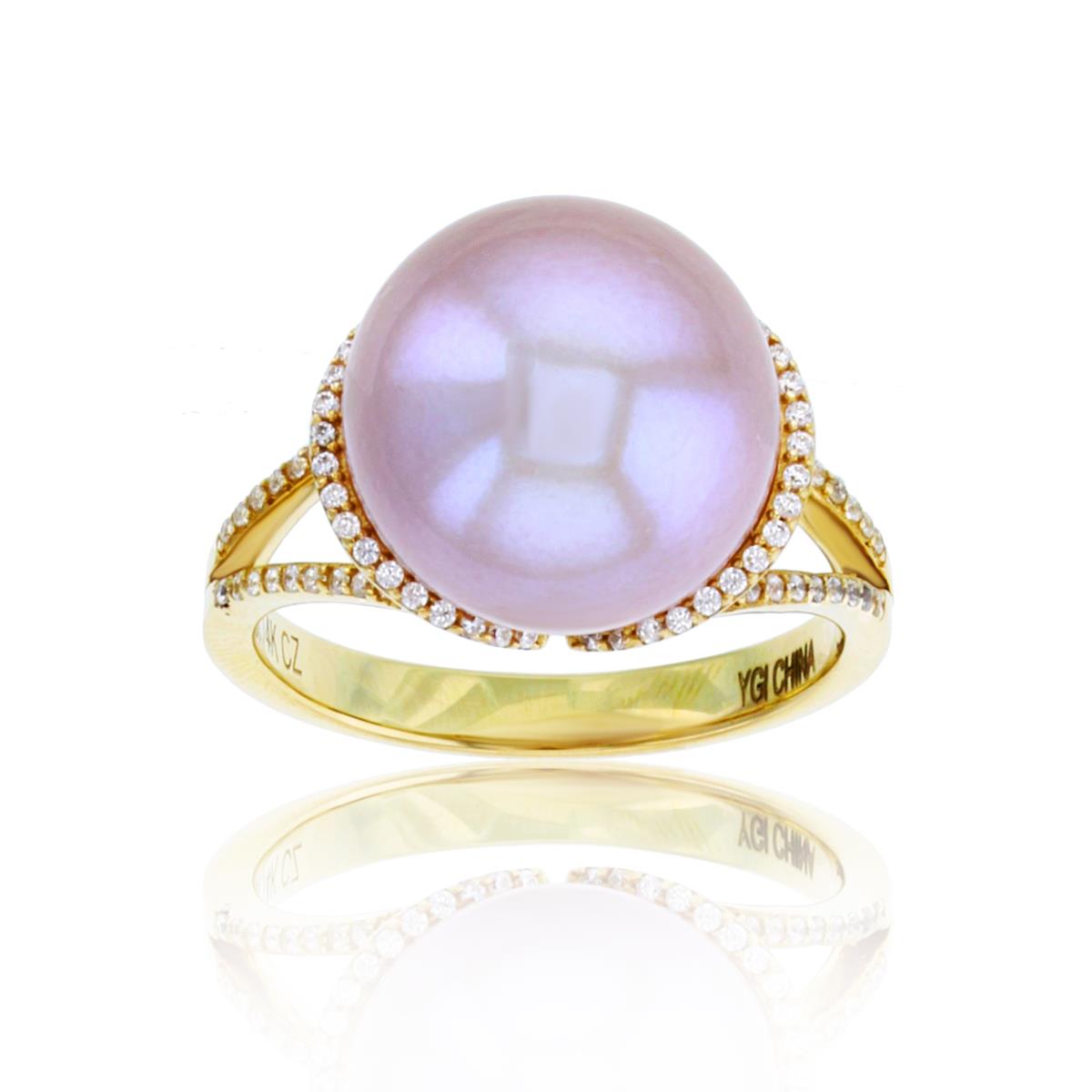 Sterling Silver Yellow 12mm White Pearl & Rd CZ Ring