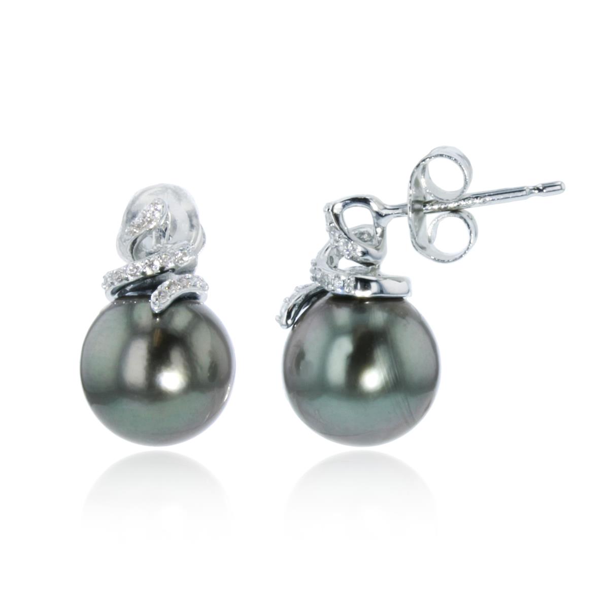 Sterling Silver Rhodium 8mm Rd White Pearl & Rd CZ Stud Earring