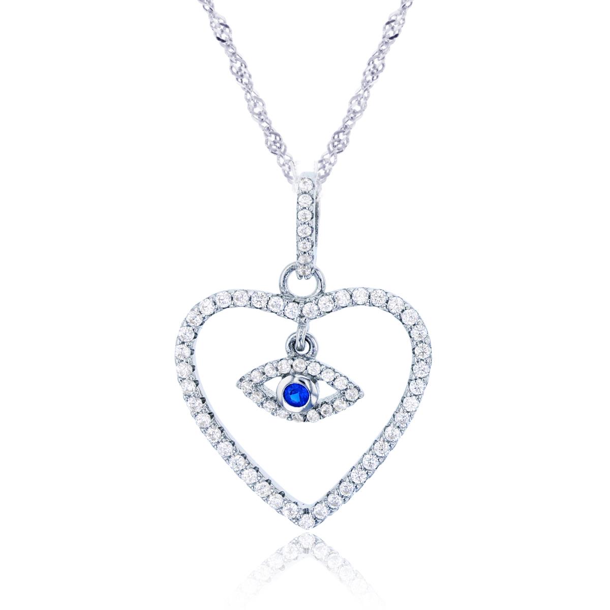 Sterling Silver Rhodium Rnd Blue Sapphire & White CZ Open Heart with Dangling Evil Eye 18"+2" Singapore Necklace