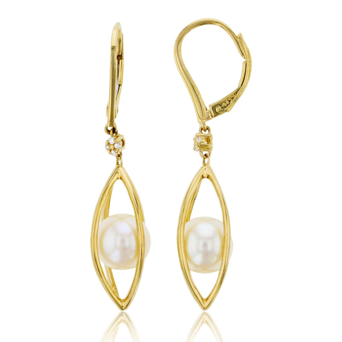 Sterling Silver Yellow 8mm Rd Pearl & Rd CZ  Cage Dangling Earring