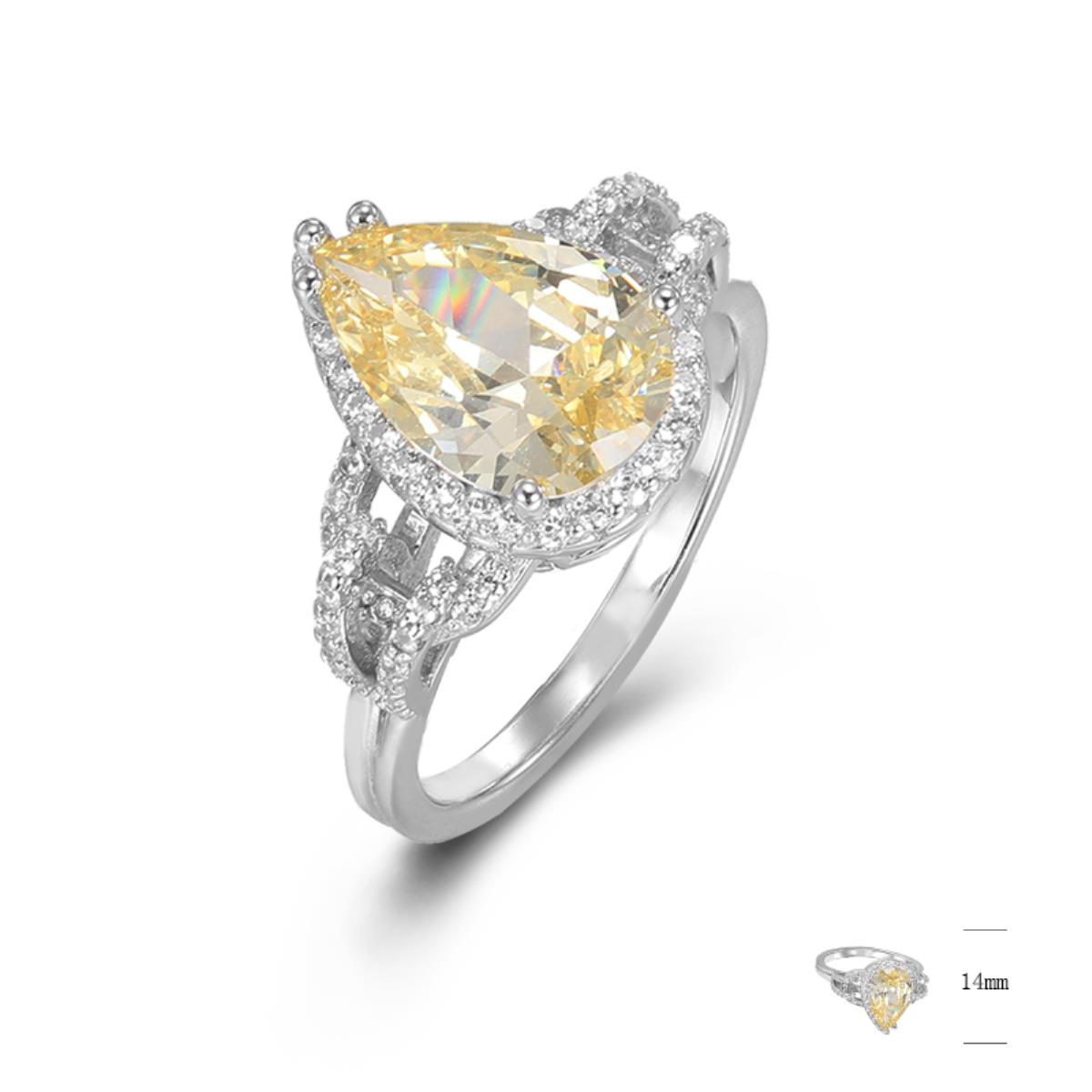 Sterling Silver Rhodium Pear Canary Yellow & White Halo CZ 14MM Fashion Ring