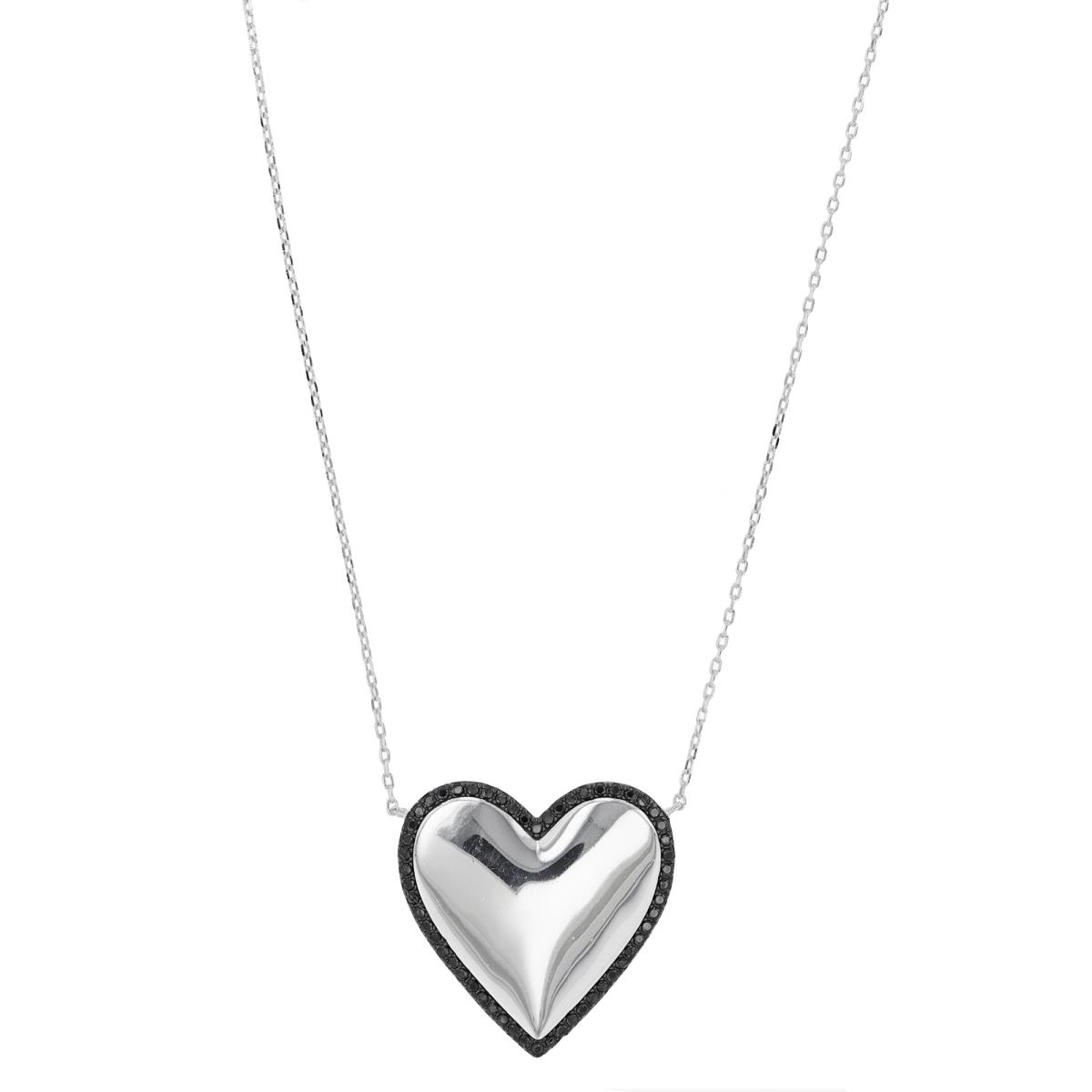 Sterling Silver Rhodium & Black 26X25MM Polished Heart Halo Black Spinel 16+2" Necklace