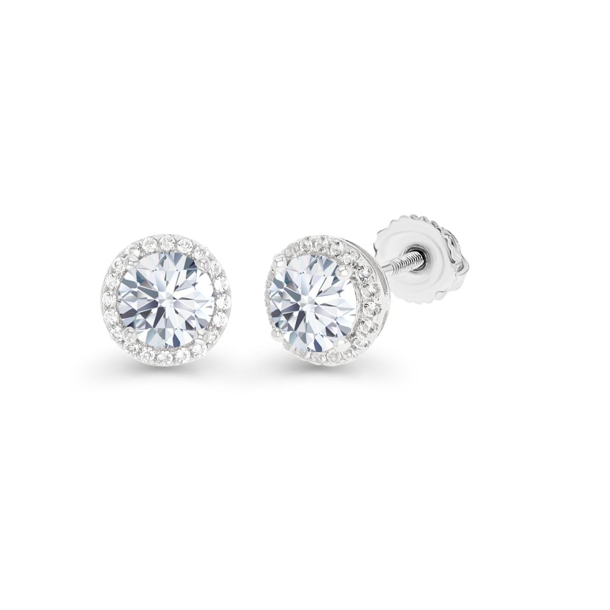 Sterling Silver Rhodium 4mm Rd Created White Sapphire Halo Screwback Stud Earring