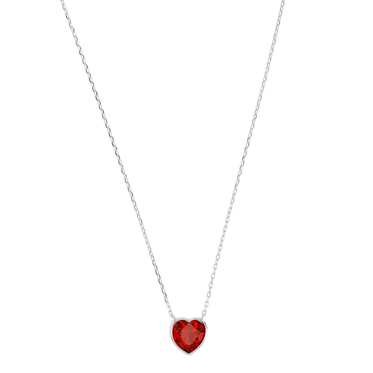 Sterling Silver Rhodium #8 Ruby 8mm Heart Bezel 16+2" Necklace