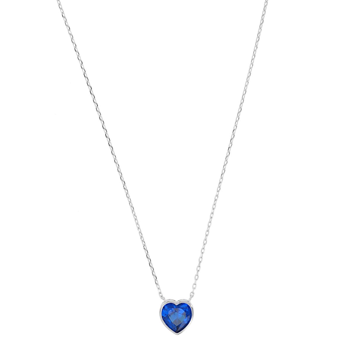 Sterling Silver Rhodium #113 Blue 8mm Heart Bezel 16+2" Necklace