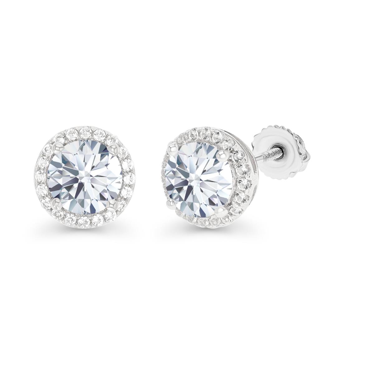 Sterling Silver Rhodium 6mm Rd Created White Sapphire Halo Screwback Stud Earring
