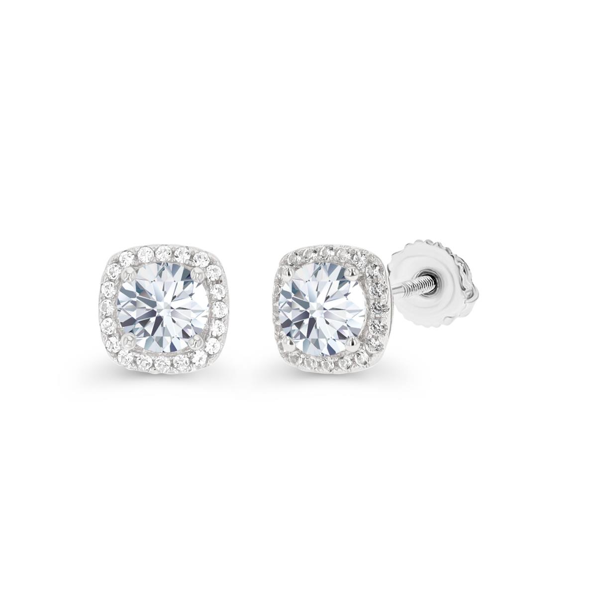 Sterling Silver Rhodium 4mm Rd Created White Sapphire Cushion Halo Screwback Stud Earring