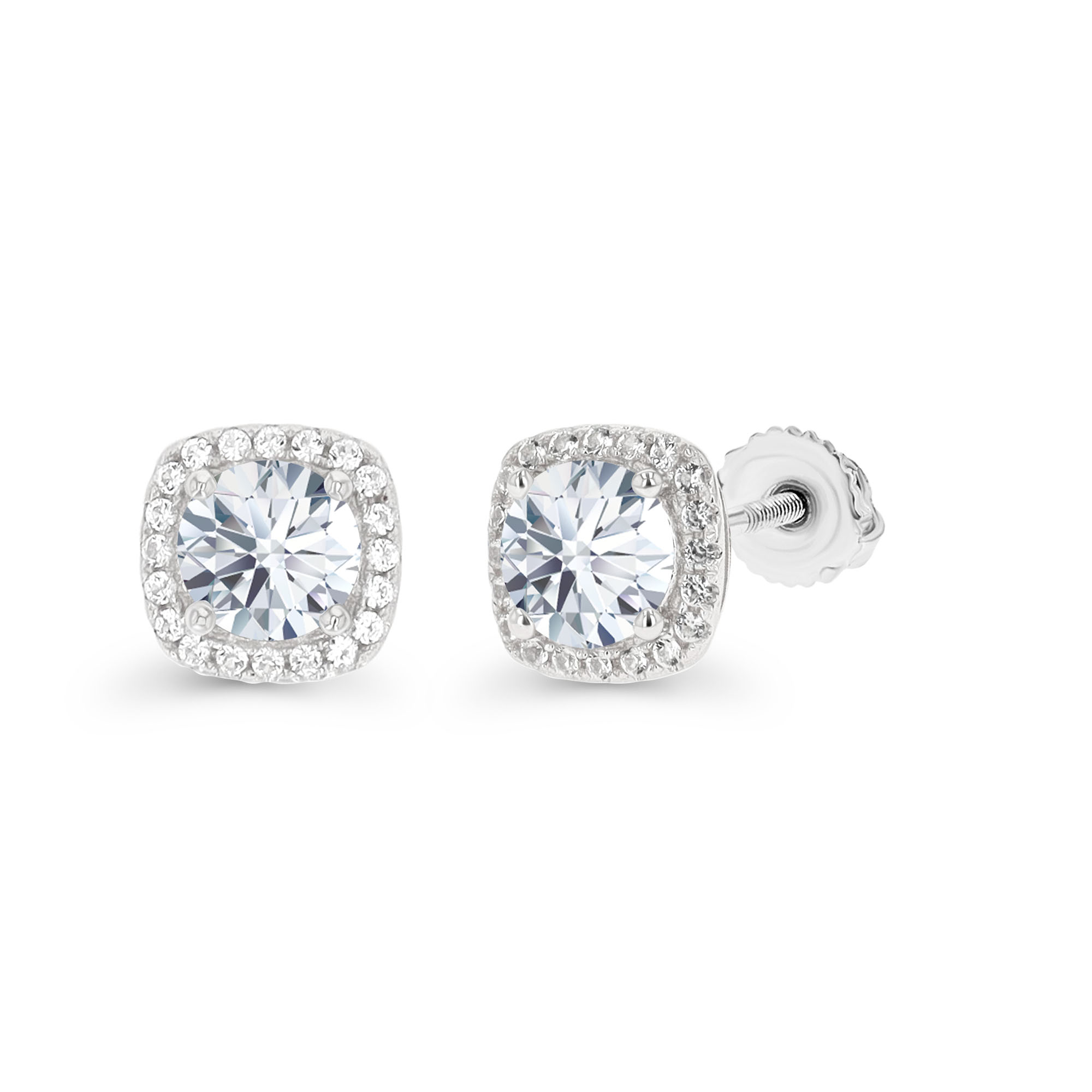 Sterling Silver Rhodium 5mm Rd Created White Sapphire Cushion Halo Screwback Stud Earring