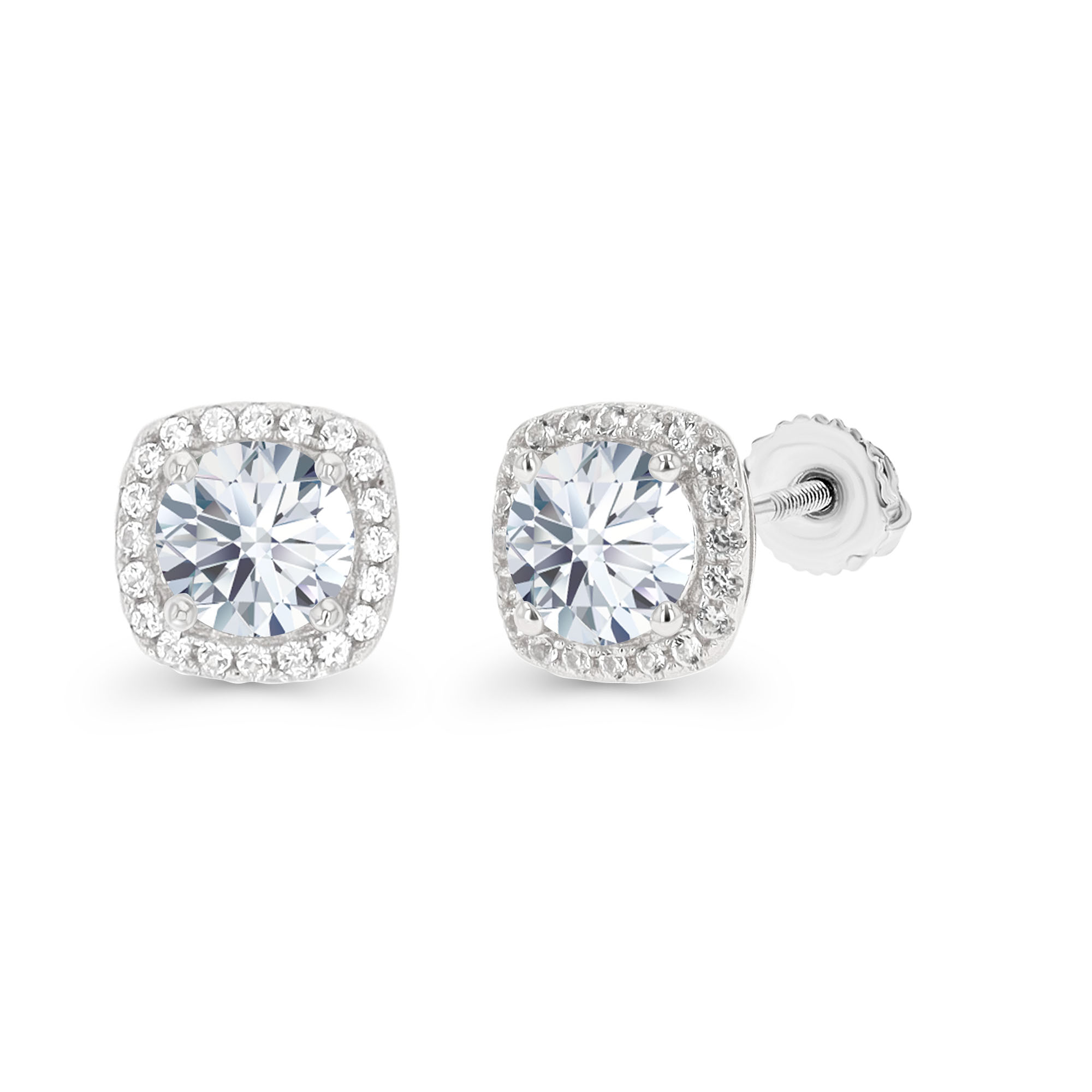 Sterling Silver Rhodium 6mm Rd Created White Sapphire Cushion Halo Screwback Stud Earring